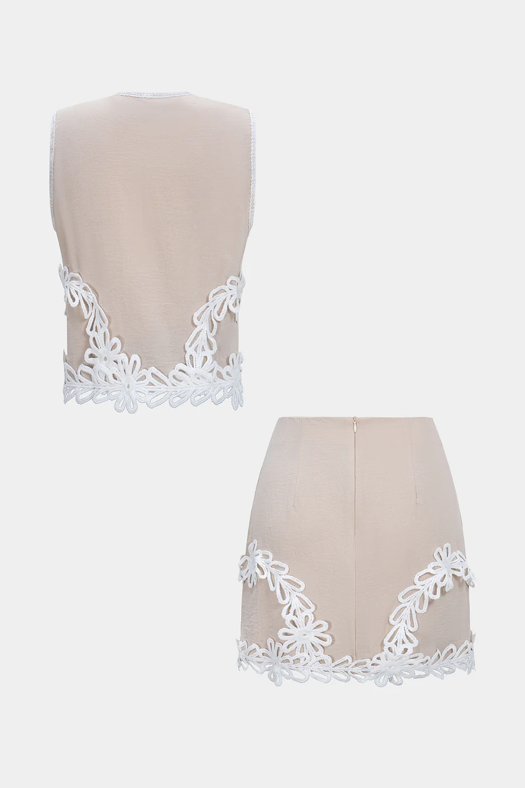 Flower Applique V-Neck Tank Top And Zipper Skirt Set - Flockneti
