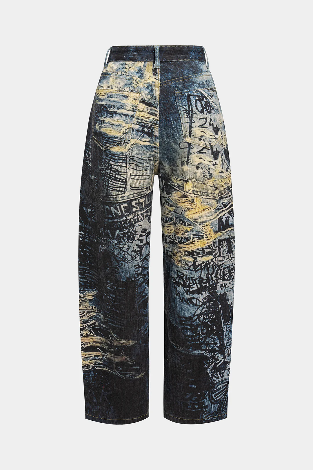 Denim Watercolor Letter Print Ripped Pants - Flockneti