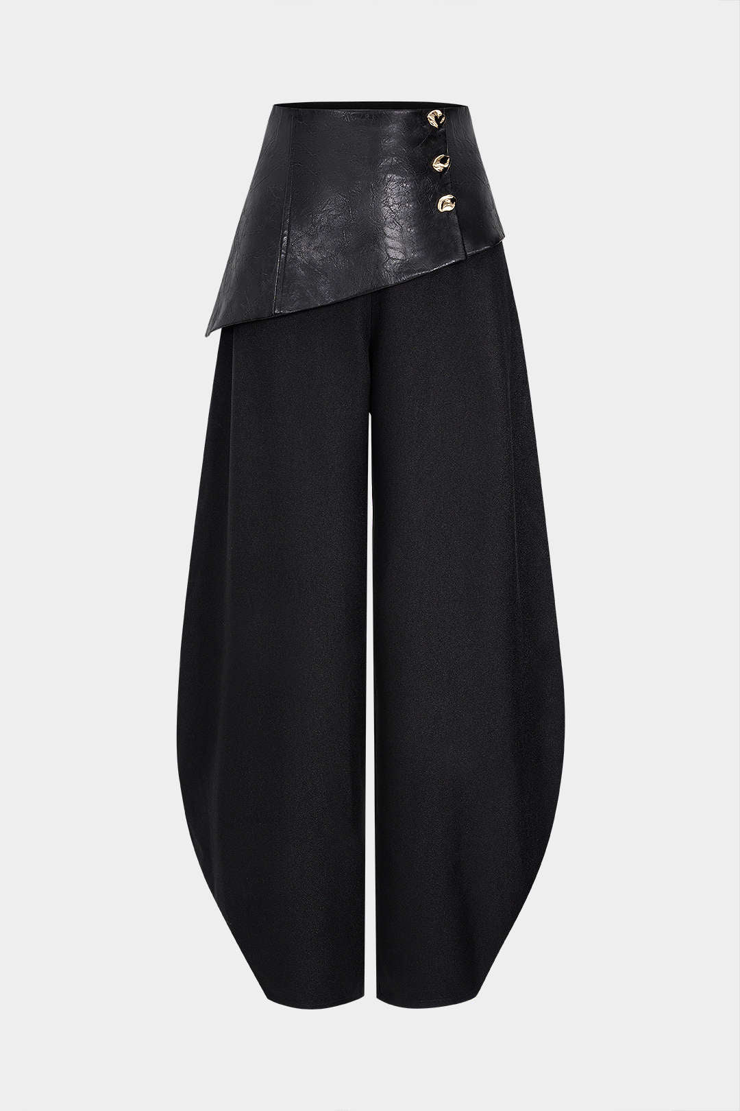 Faux Leather Metallic Asymmetrical Patchwork Trousers - Flockneti