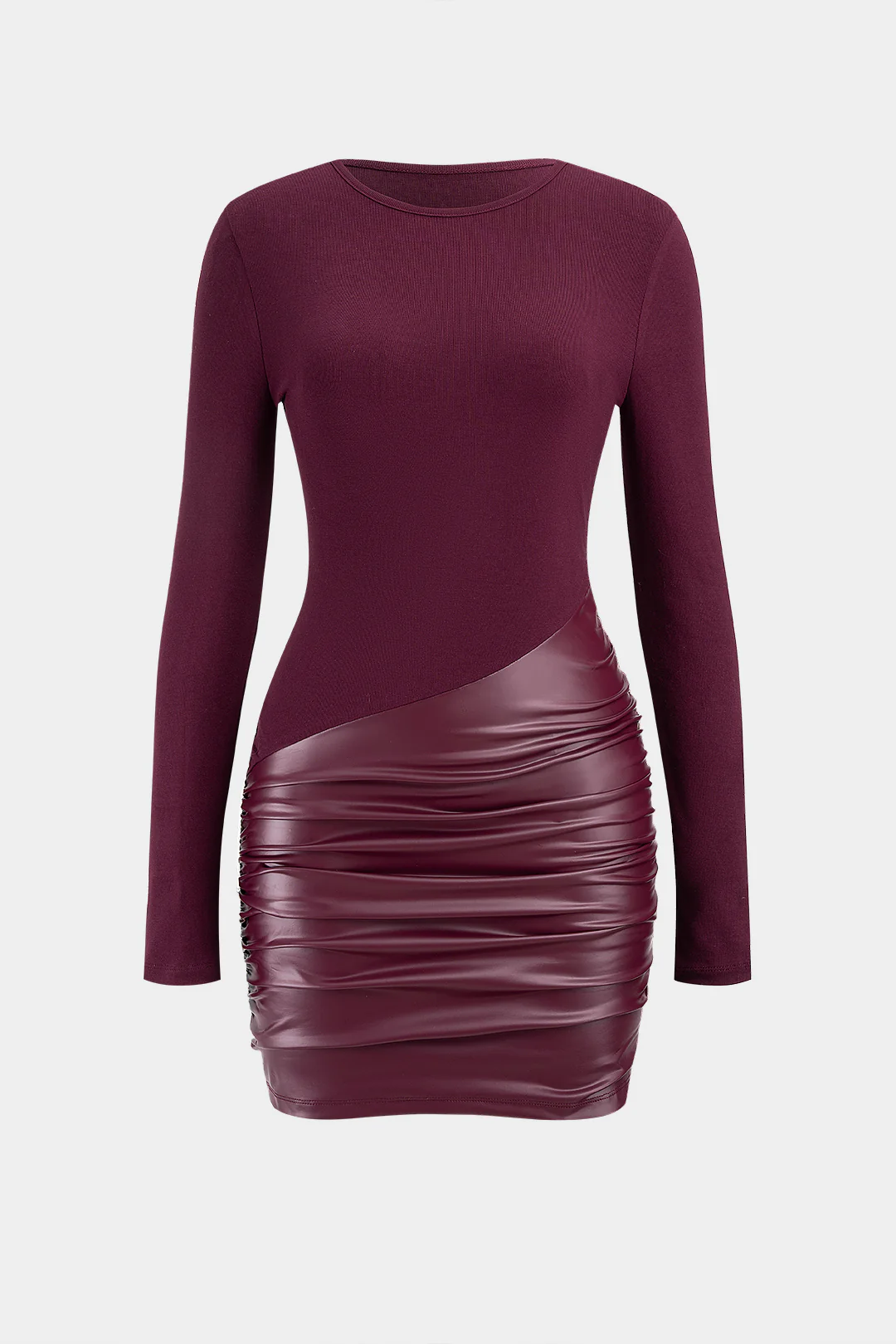Faux Leather Patchwork Round Neck Ruched Long Sleeve Mini Dress - Flockneti
