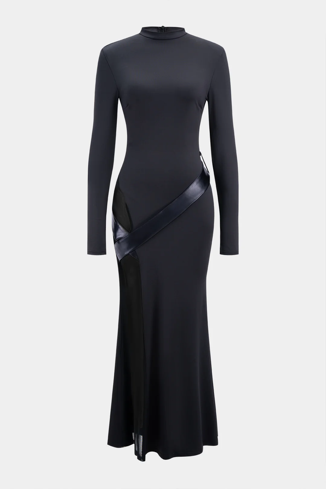 Round Neck Patchwork Zipper Long Sleeve Maxi Dress - Flockneti