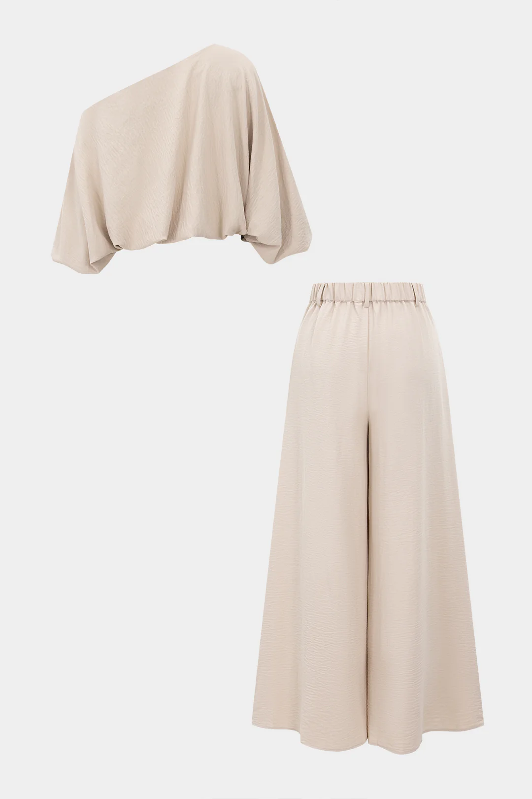 Asymmetrical Neck Ruched Lantern Sleeve Top And Wide Leg Trousers Set - Flockneti