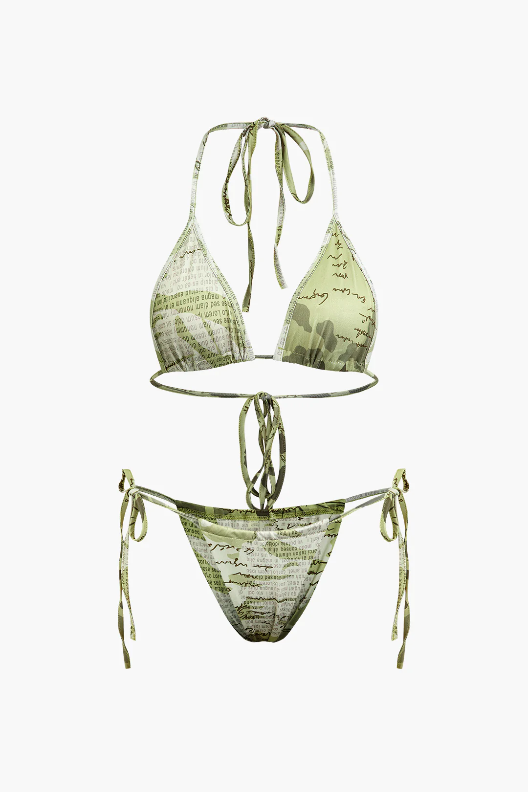 Letter Print Backless Tie-Up Asymmetrical Bikini Set - Flockneti