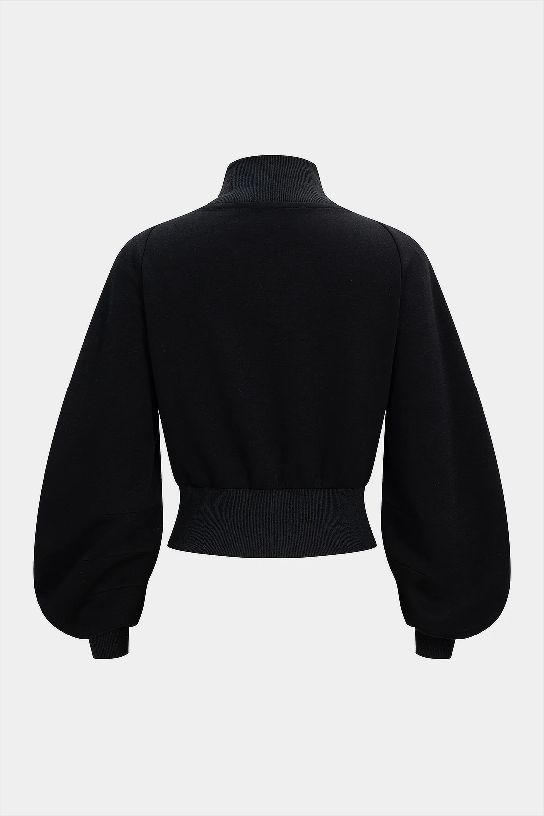 Faux Leather Patchwork V-Neck Zipper Lantern Sleeve Jacket - Flockneti