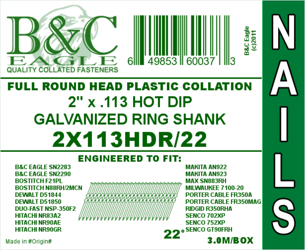 B and C Eagle 2x.113 Round Head Plastic Collated Ring HDG Framing Nails 3000pc - Flockneti