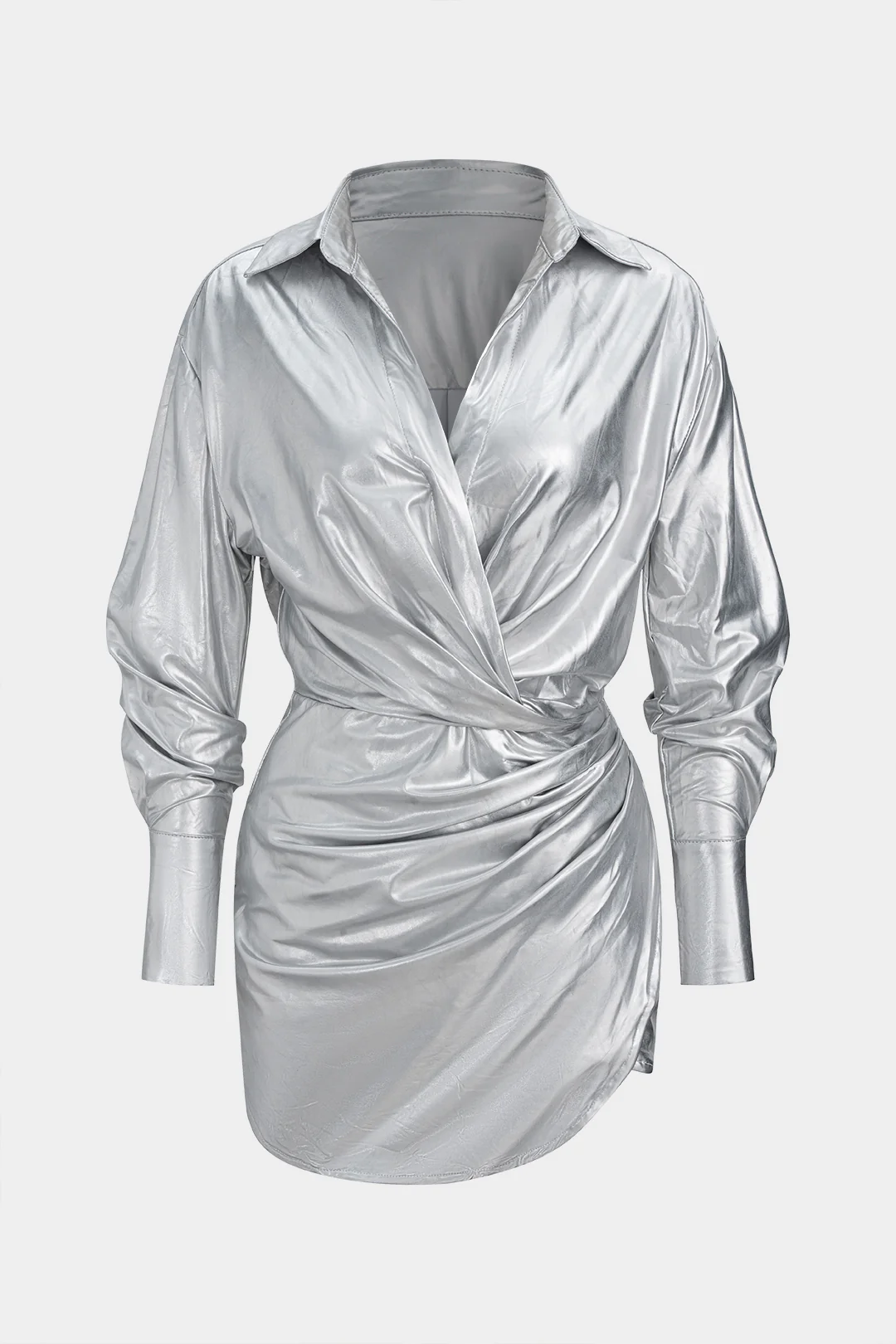 Leather V-Neck Ruched Long Sleeve Mini Dress - Flockneti