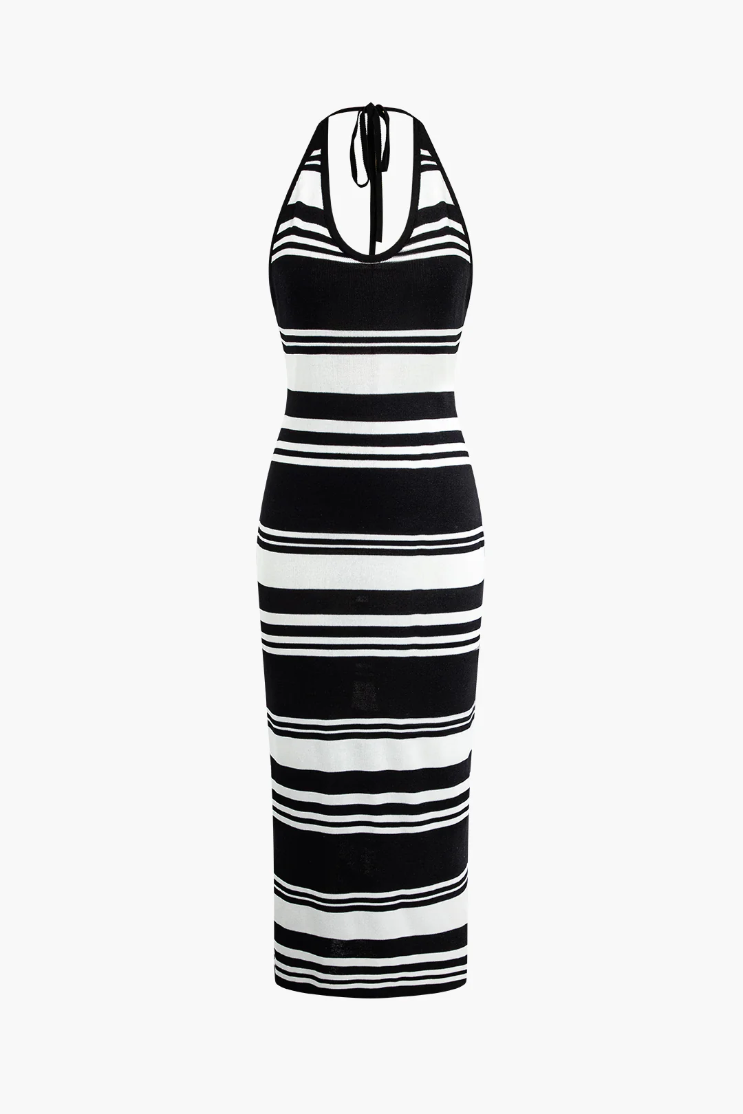 Knit Stripes Print Contrast Halter Neck Tie Up Backless Sleeveless Dress - Flockneti