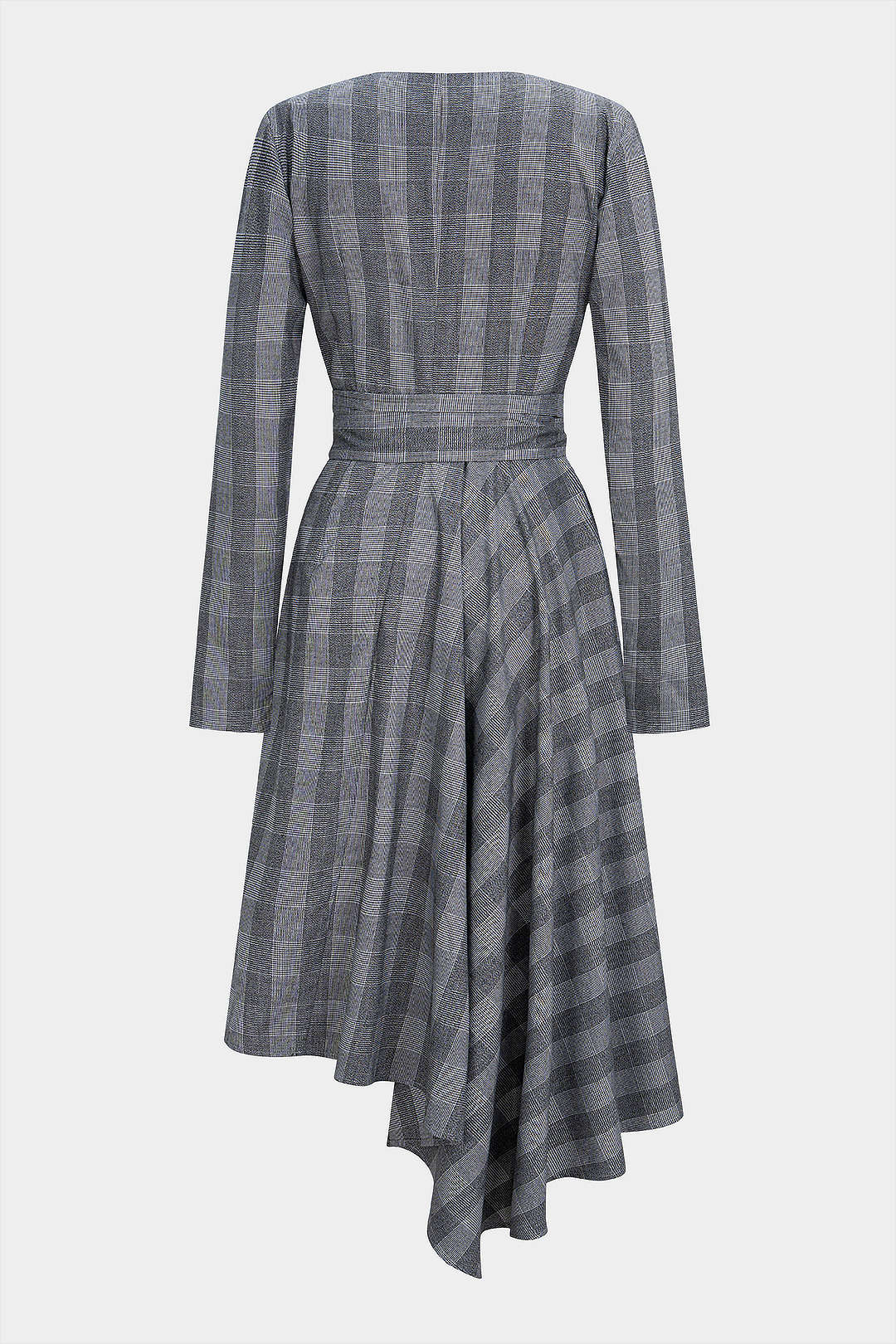 Plaid Print V-Neck Knot Ruched Asymmetrical Hem Long-Sleeve Midi Dress - Flockneti