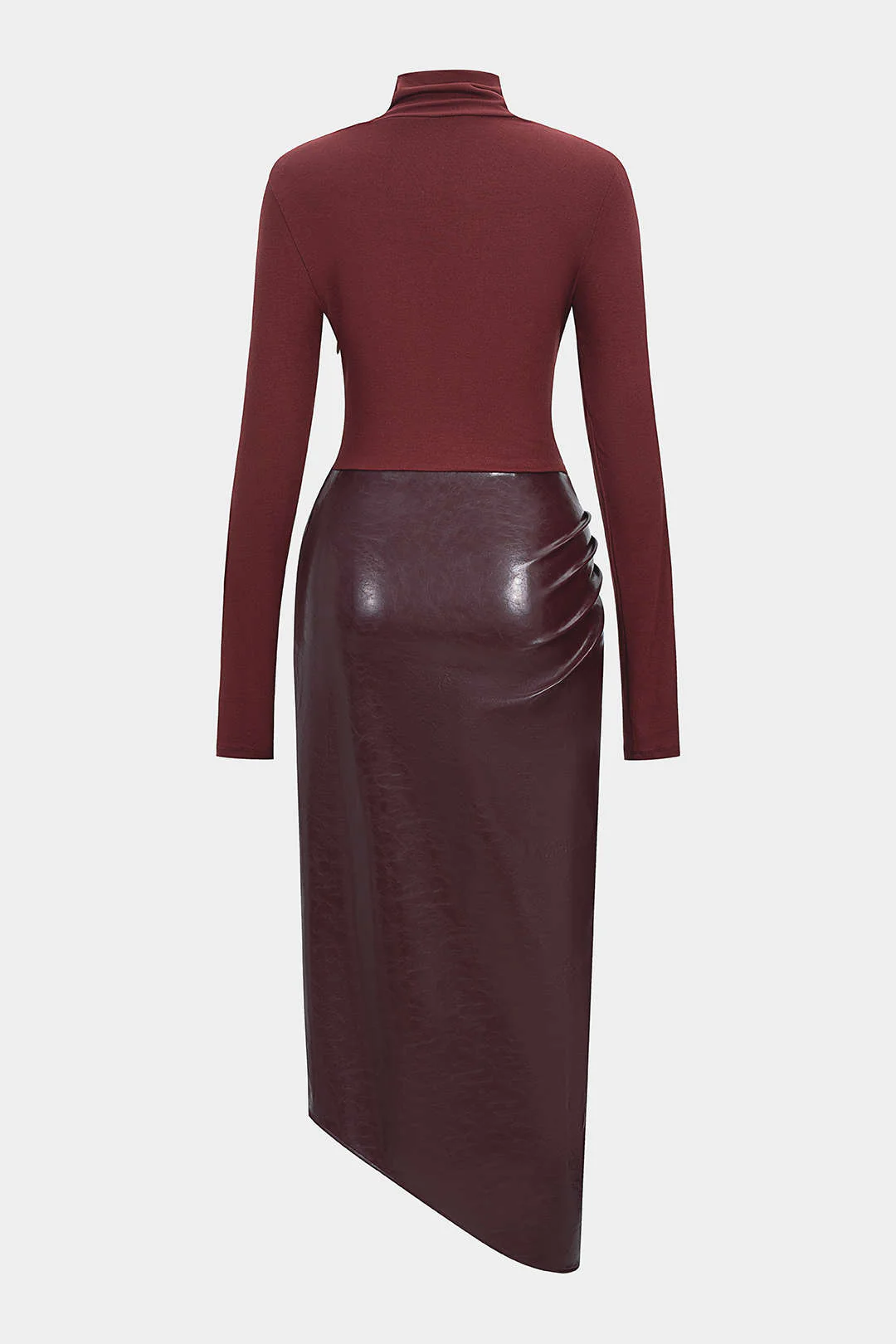 Faux Leather Patchwork Mock Neck Ruched Long Sleeve Maxi Dress - Flockneti