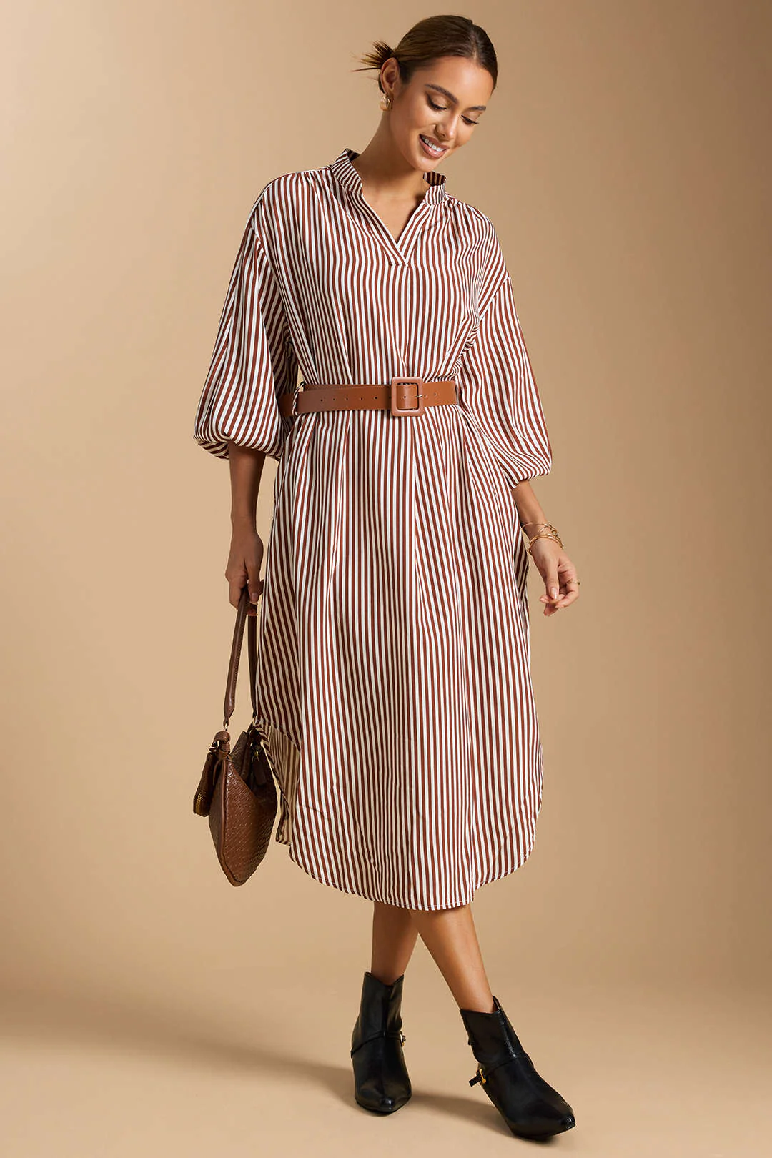 Stripes Print V-Neck Belted Long Sleeve Midi Dress - Flockneti