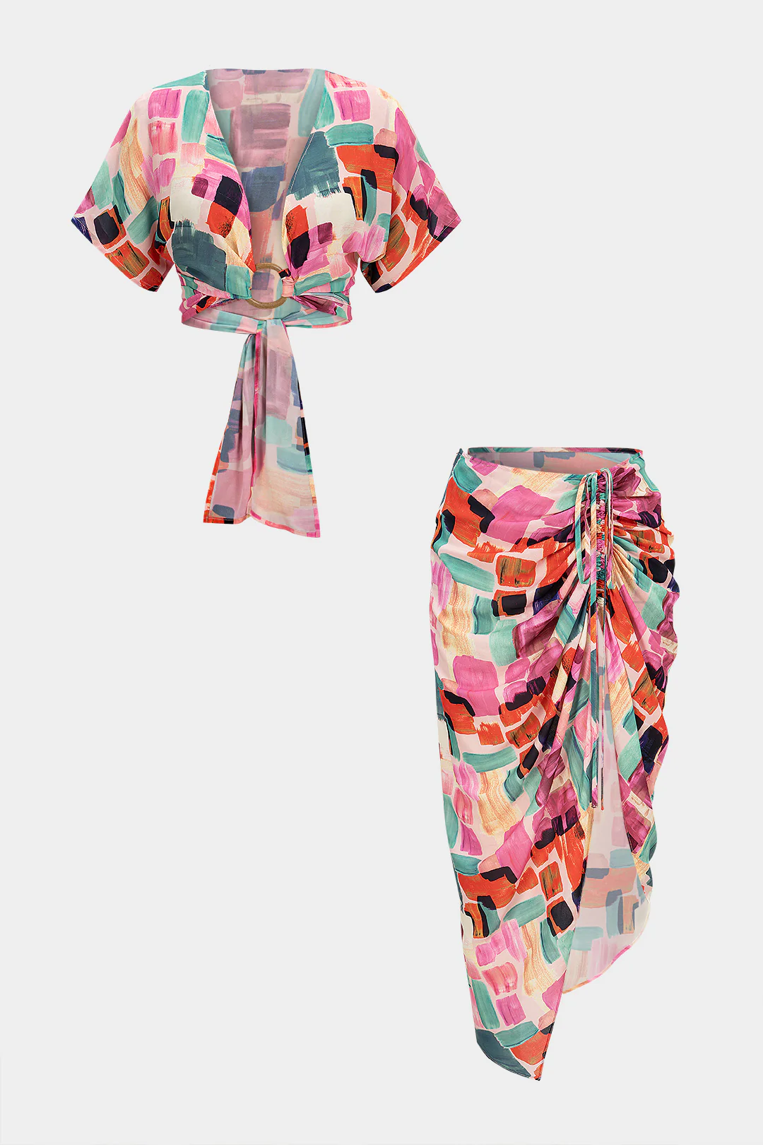 Abstract Print V-Neck Tie-Up Short Sleeves Top And Asymmetrical Drawstring Ruched Skirt Set - Flockneti