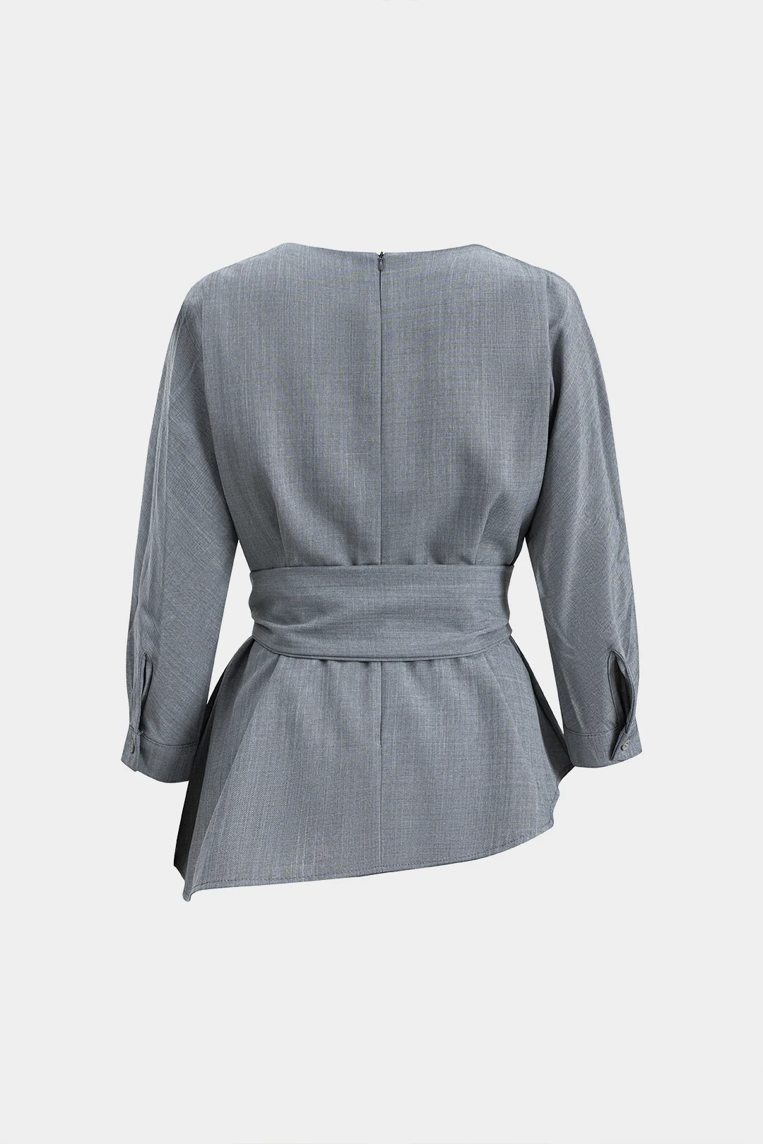 Round Neck Ruched Belted Long-Sleeve Shirt - Flockneti