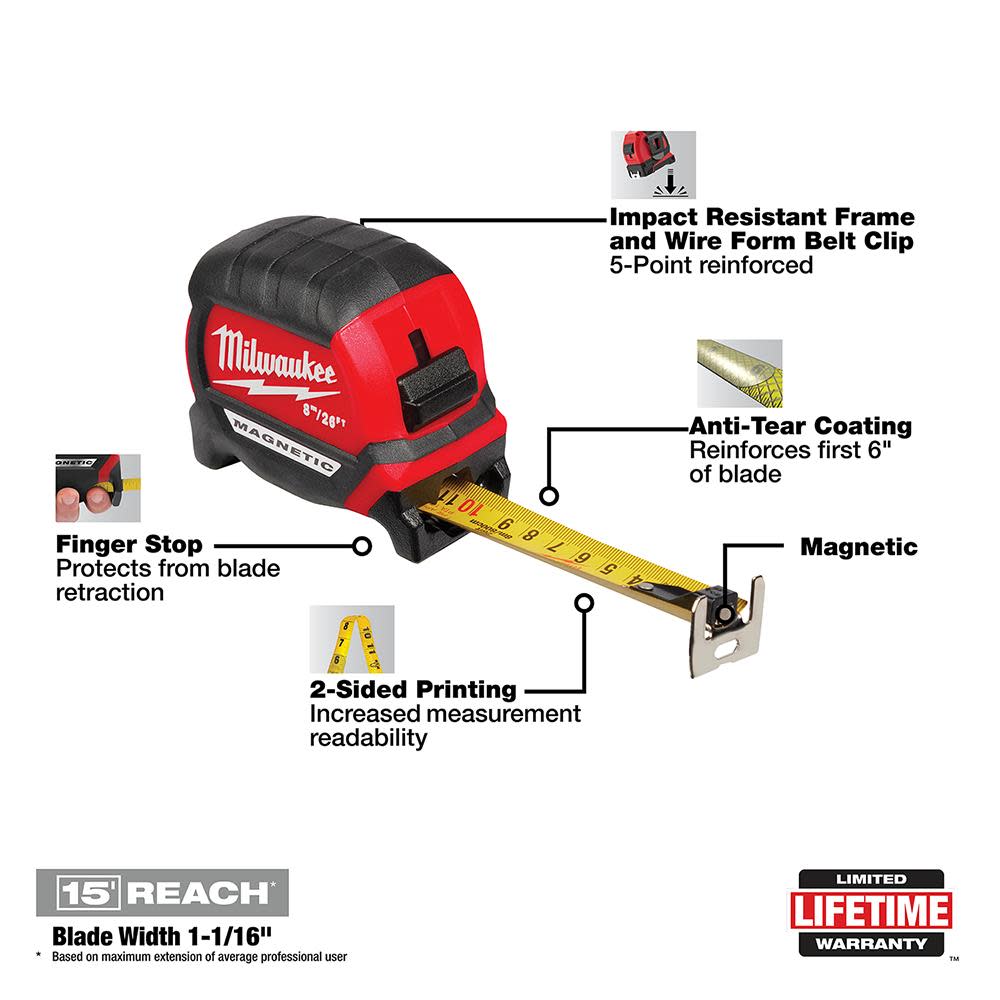 Milwaukee 8M/26Ft Compact Magnetic Tape Measure - Flockneti
