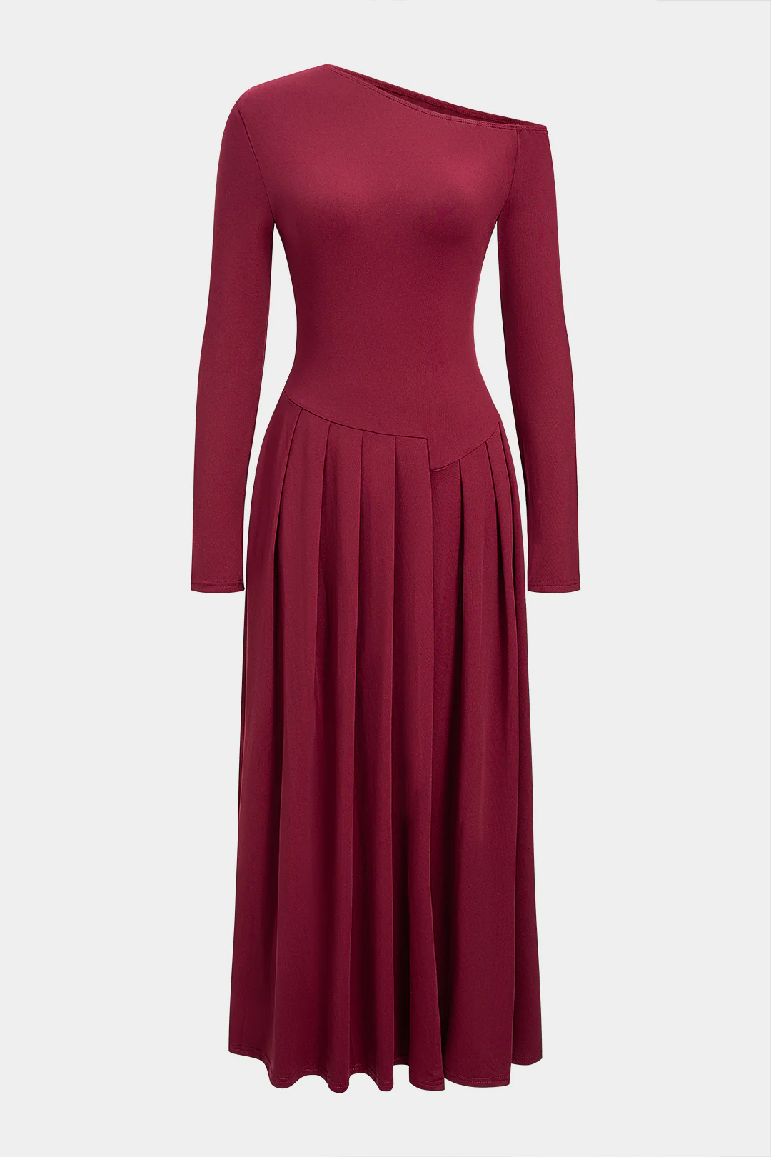 Asymmetrical Shoulder Pleated Long Sleeve Maxi Dress - Flockneti