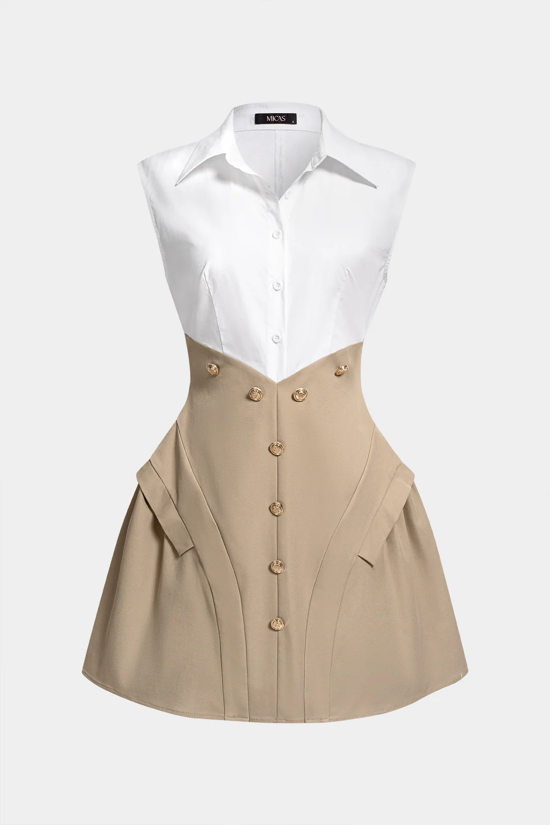 Contrast Lapel Button Sleeveless Mini Dress - Flockneti