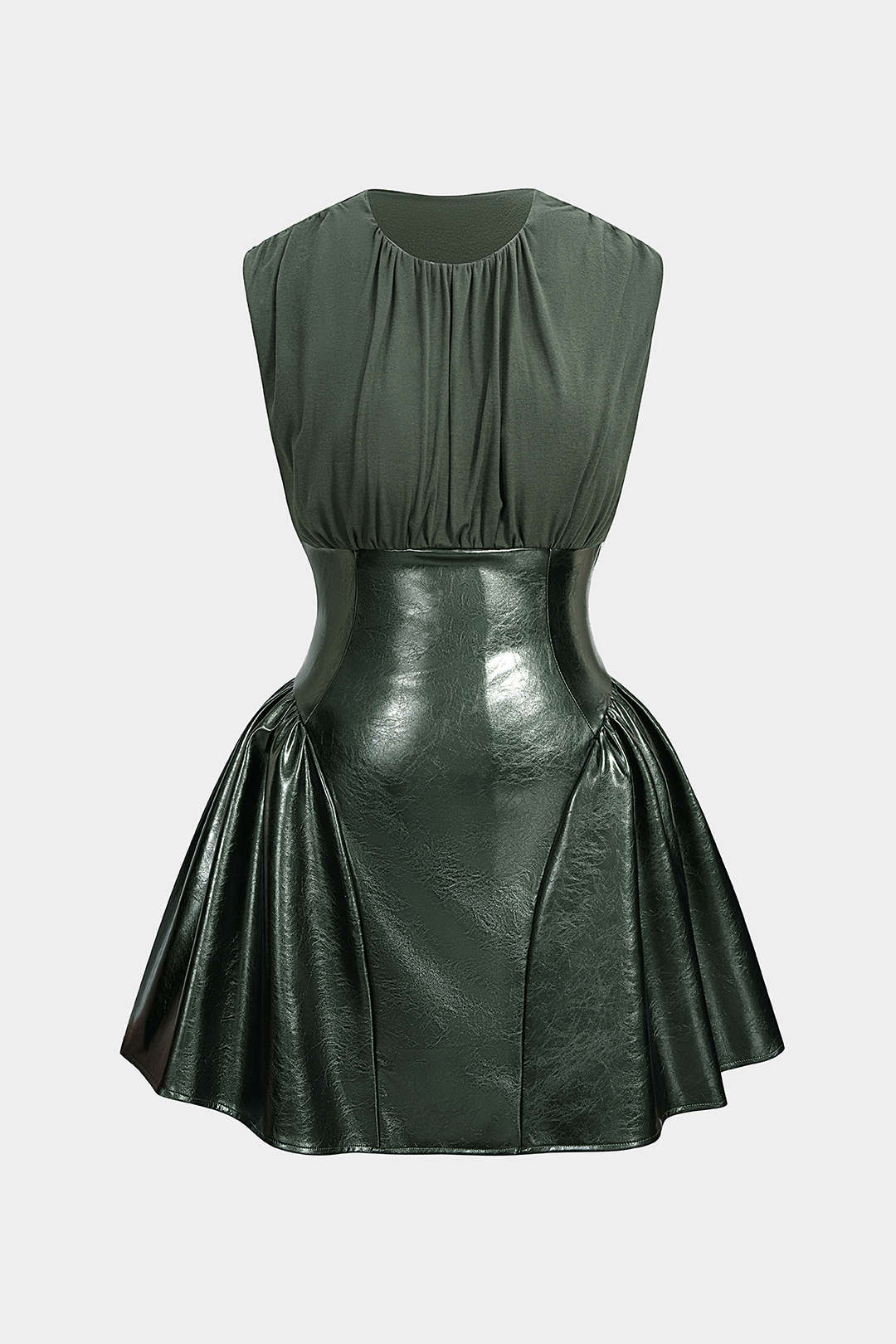 Faux Leather Patchwork Ruched Sleeveless Mini Dress - Flockneti