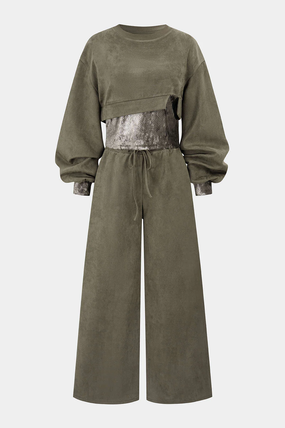 Snake Skin Print Suede Asymmetrical Sweatshirt And Drawstring Wide Leg Pants Set - Flockneti
