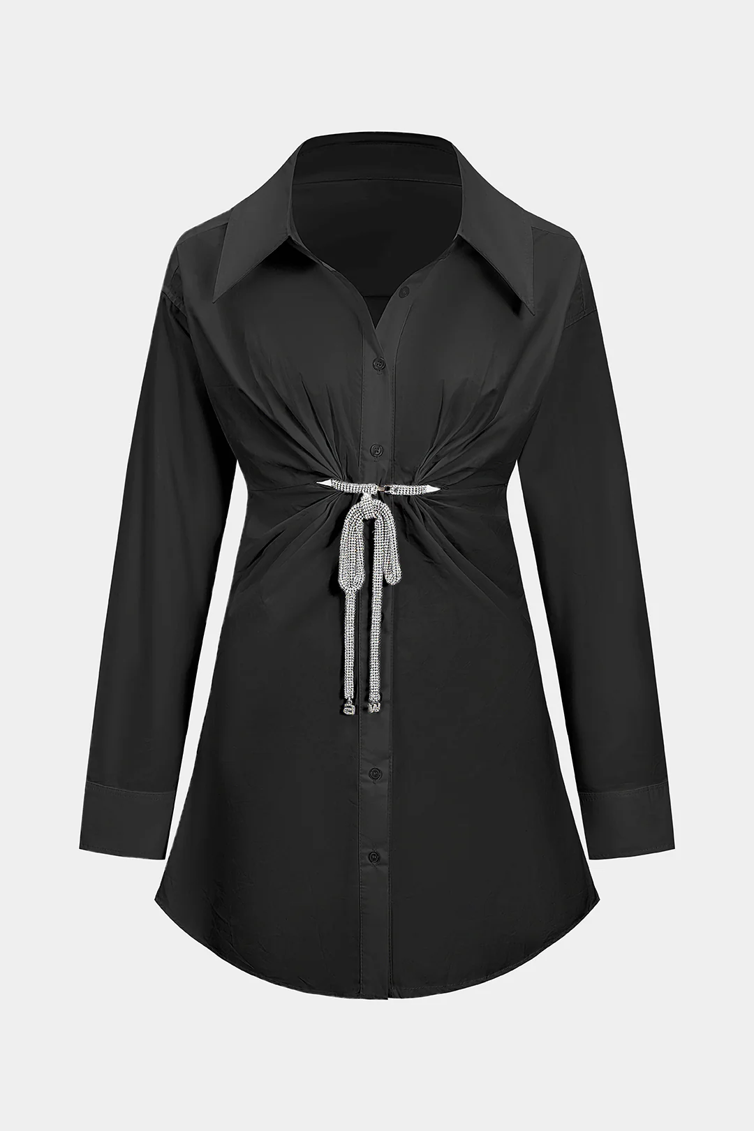 Solid Metallic Decor Button Long Sleeve Mini Dress - Flockneti