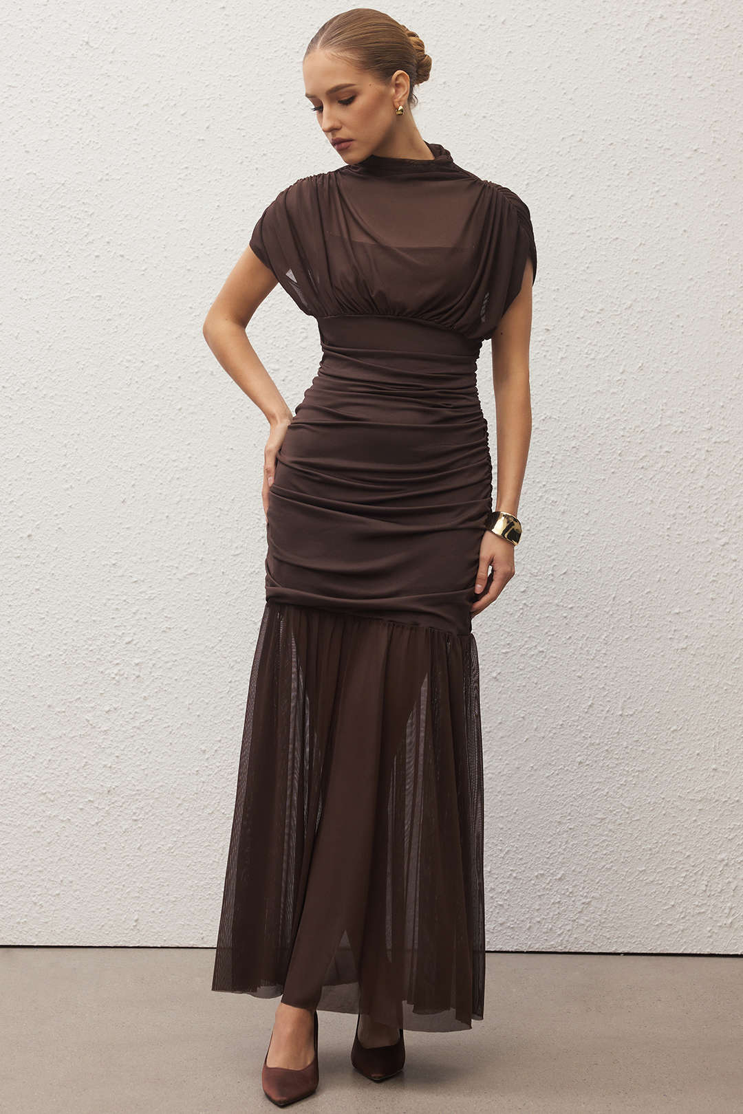 Mesh Patchwork Mock Neck Short-Sleeve Maxi Dress - Flockneti