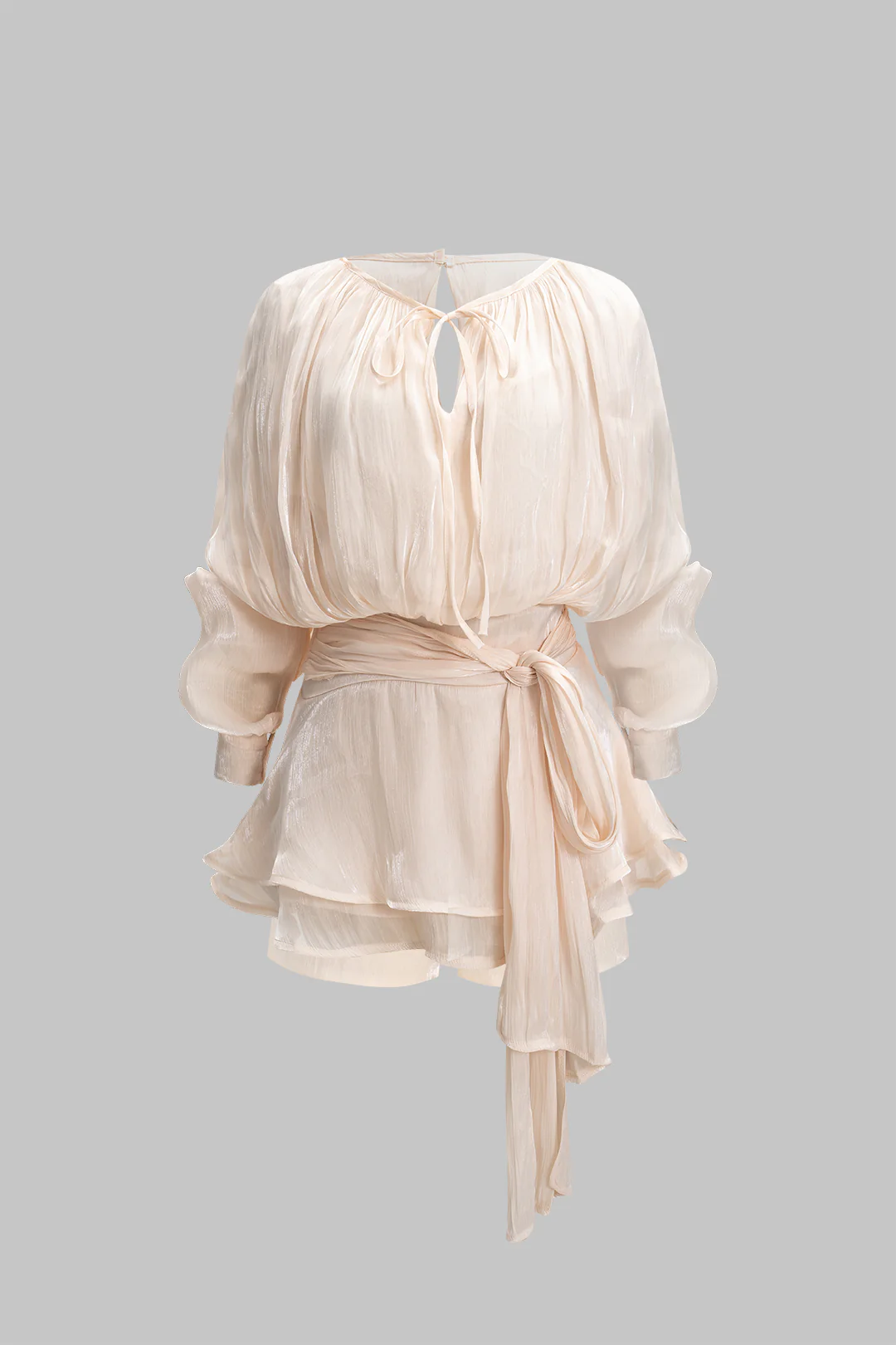Chiffon Ruched Ruffle Long Sleeve Mini Dress - Flockneti