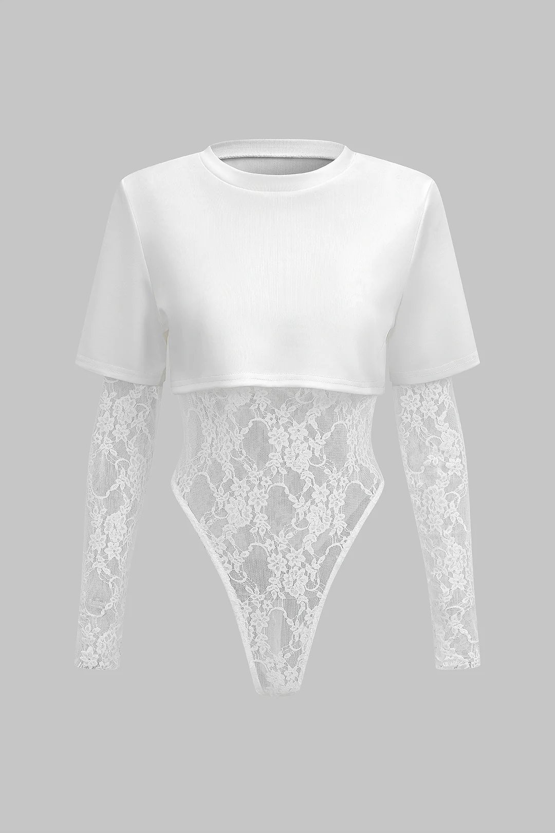 Lace Patchwork Round Neck Long Sleeve Bodysuit - Flockneti