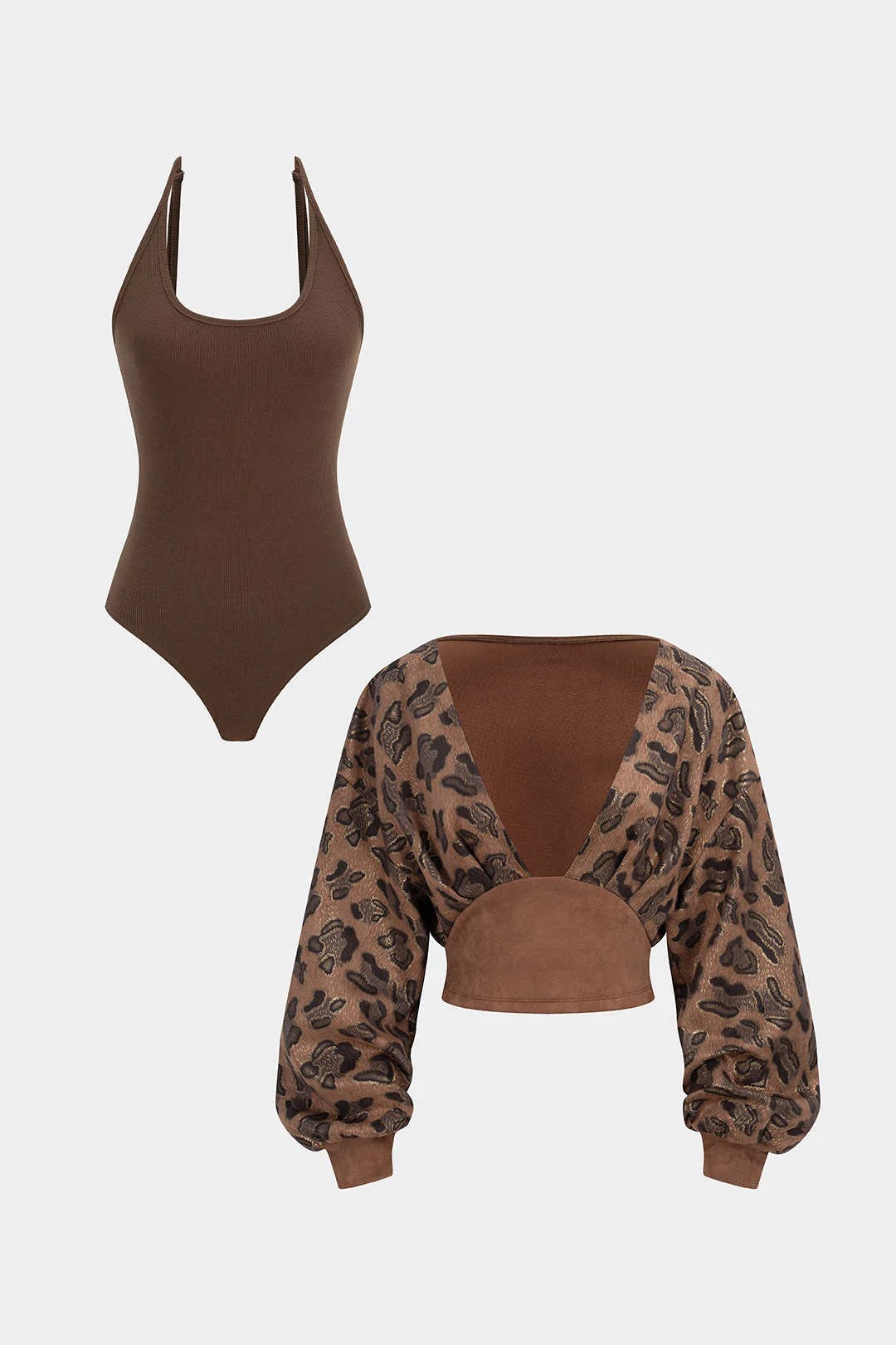 Leopard Print Suede Patchwork Halter Neck Long Sleeve Bodysuit - Flockneti