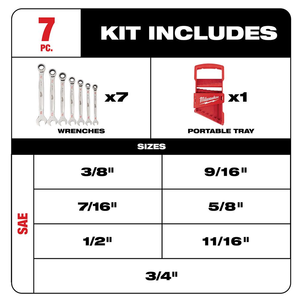 Milwaukee 7pc Ratcheting Combination Wrench Set – SAE - Flockneti