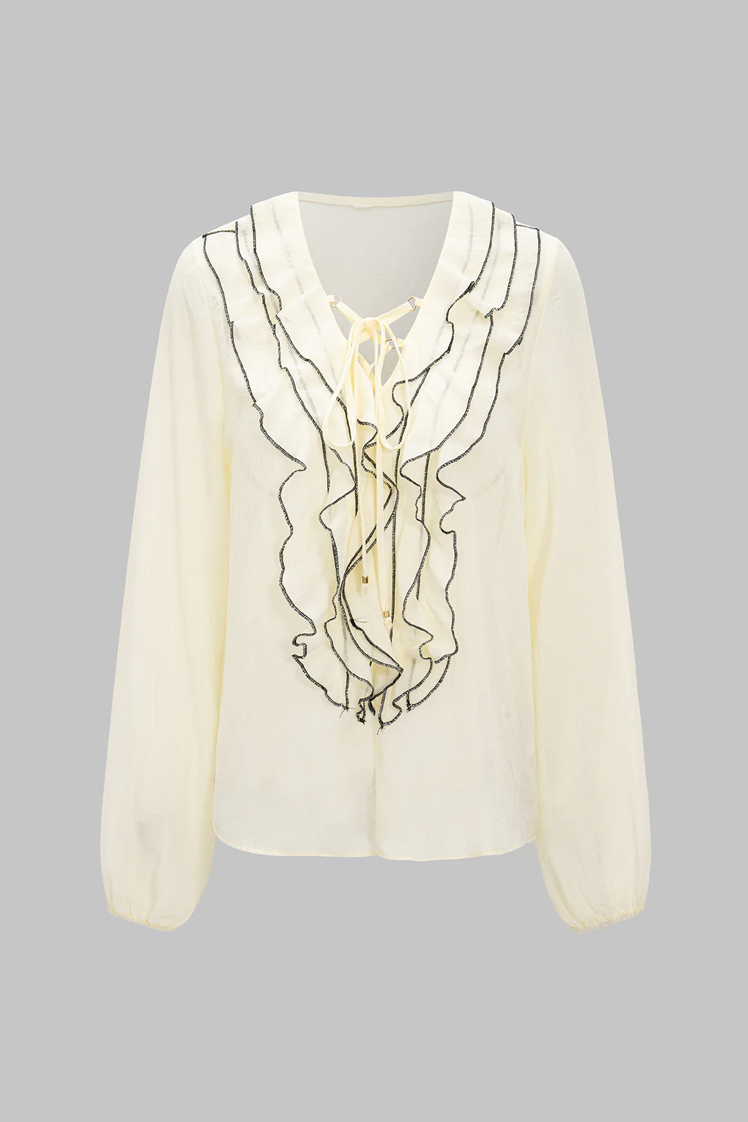 Chiffon Scallop Edge Tie Up Long-Sleeve Shirt - Flockneti