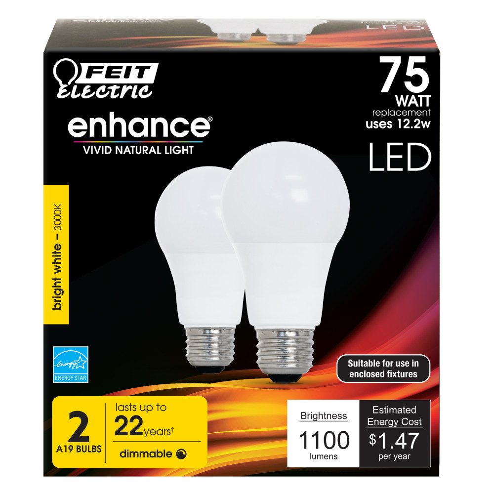 Feit Electric 75W Enhance A19 3000K Dimmable LED Bulb 2pk - Flockneti