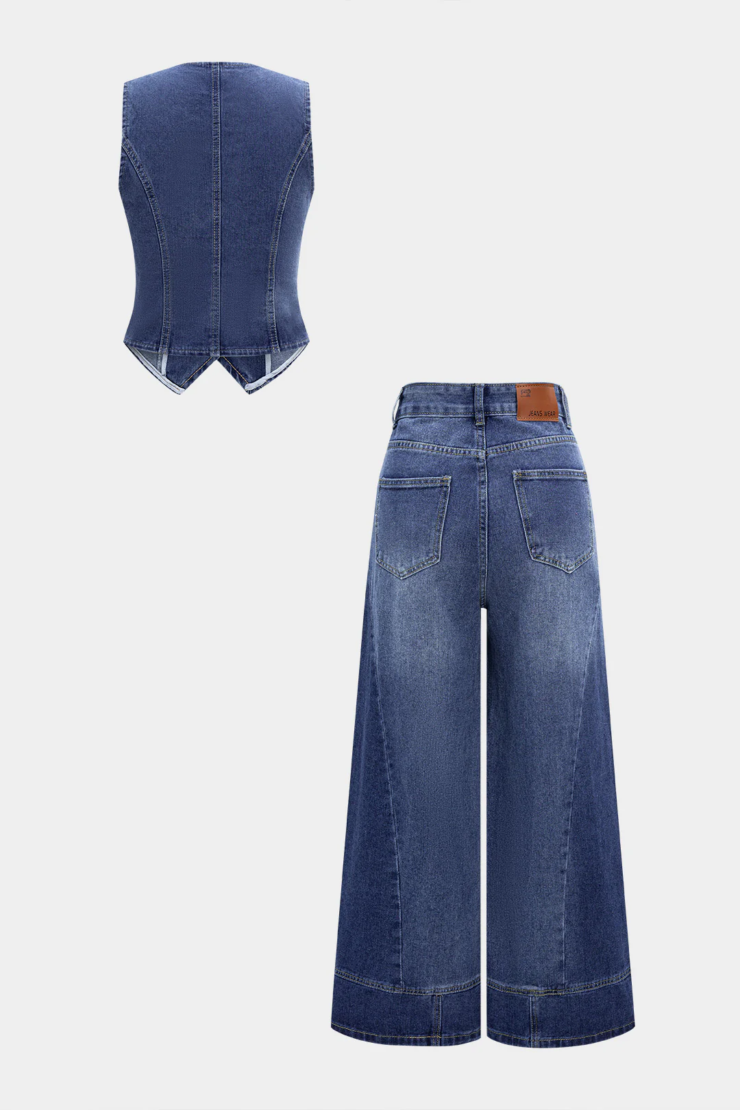 Denim Washed Button Tank Top And Ripped High Waist Wide Leg Jeans Set - Flockneti