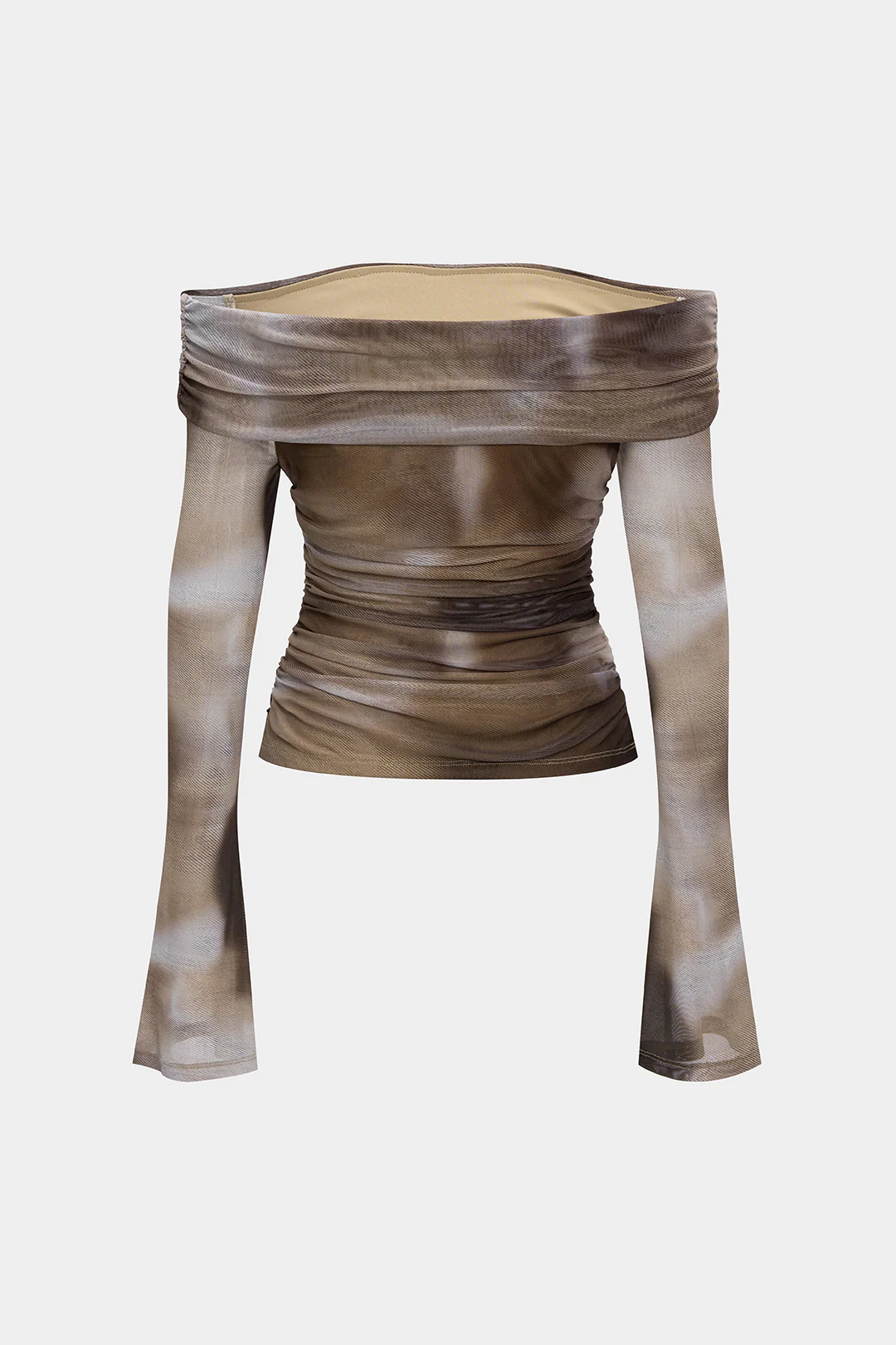 Abstract Tie Dye Ombre Print Mesh Off Shoulder Ruched Bell Sleeve Top - Flockneti