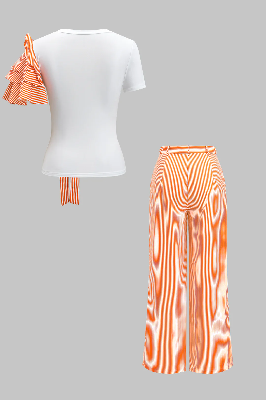 Stripe Print 3D Floral Short Sleeve Top And Button Wide Leg Trousers Set - Flockneti