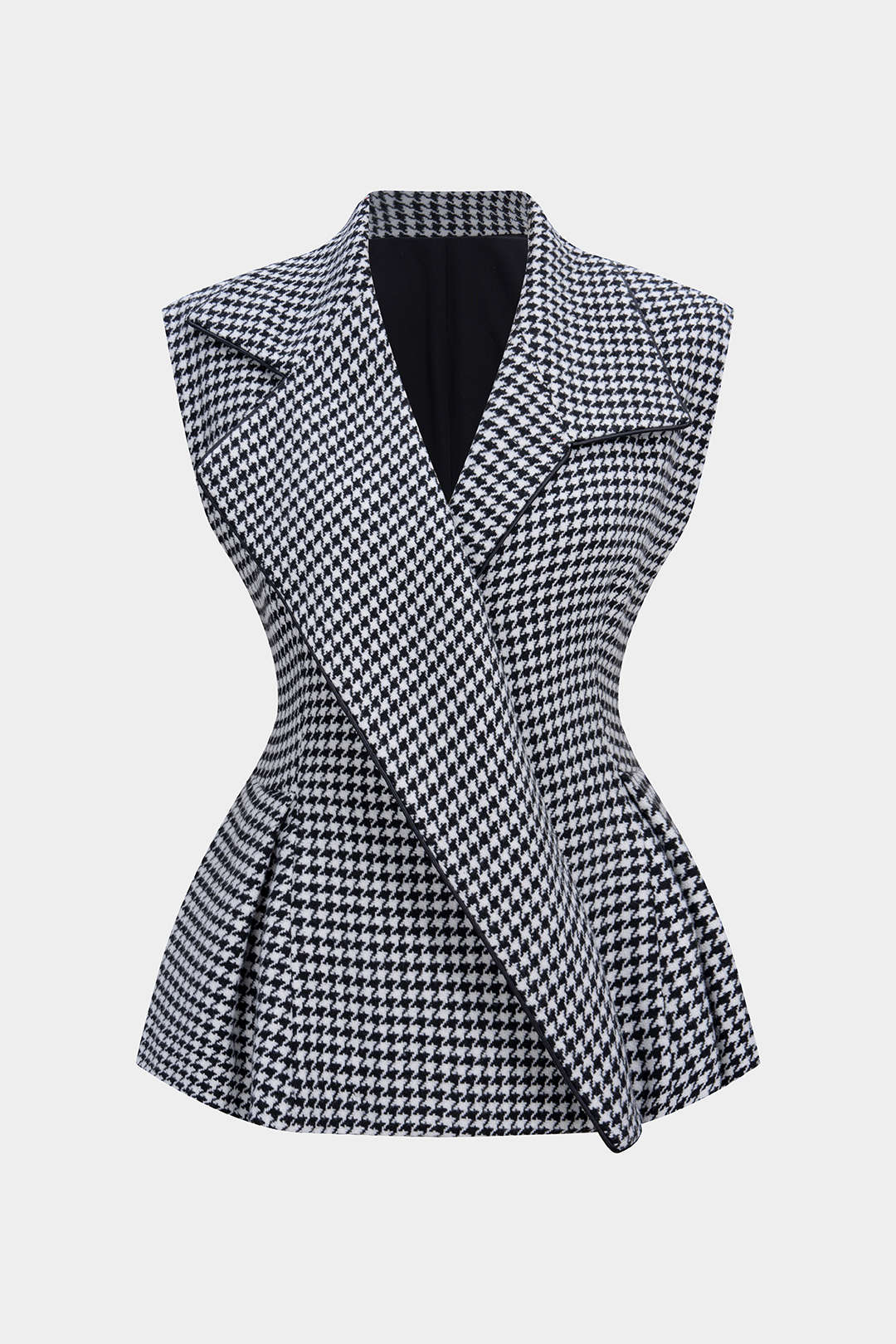 Houndstooth Print Tweed Notched Lapel Vest - Flockneti
