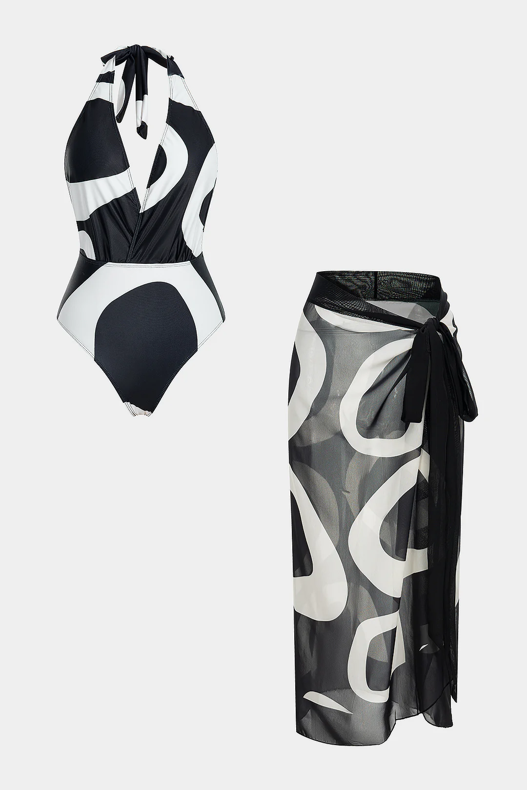 Abstract Print Mesh Tie-Up Backless Bikini Set - Flockneti