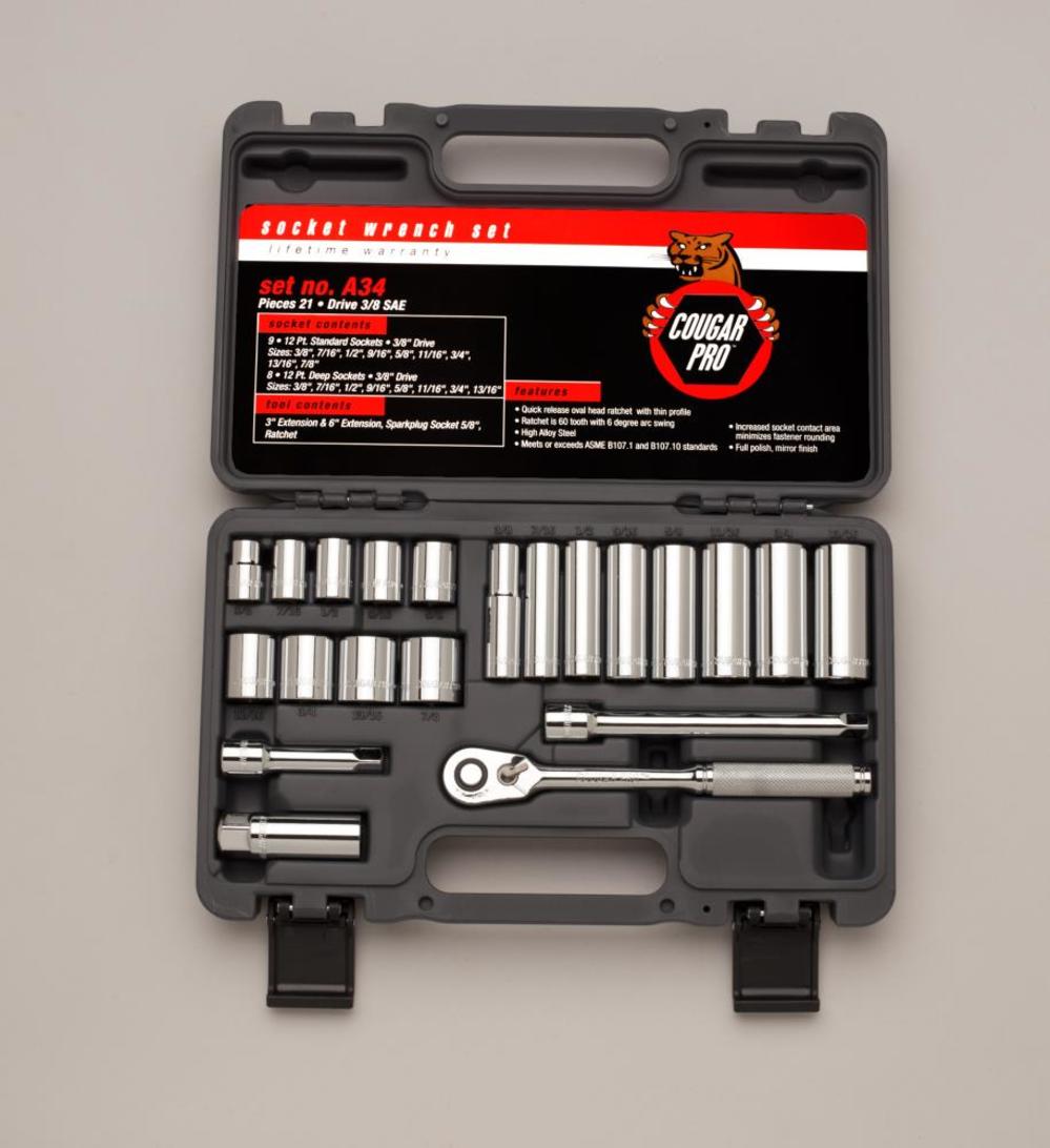 Cougar Pro 3/8 In. Drive 21 pc. 12 pt std & Deep SAE Inch Socket Set - Flockneti