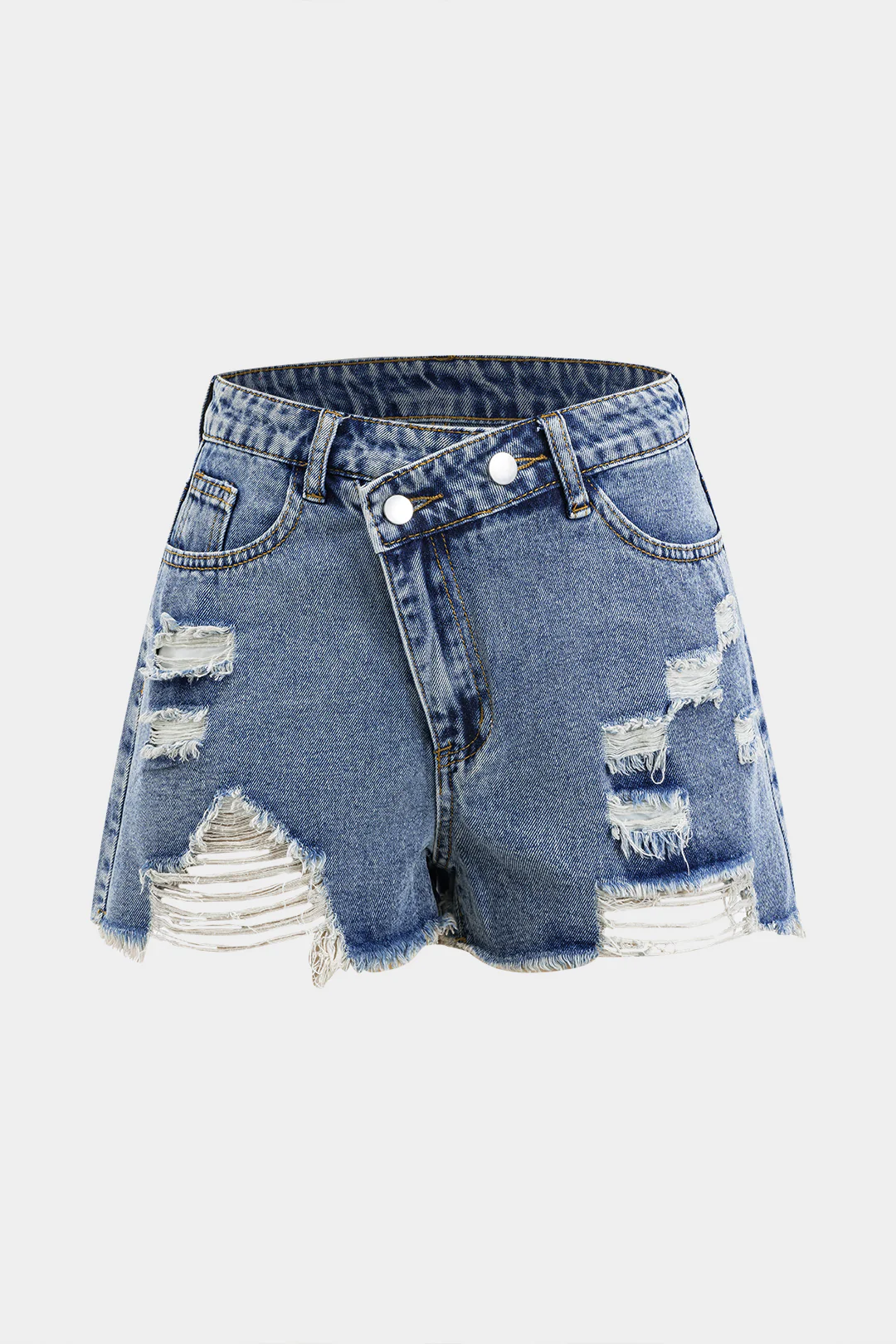 Denim Asymmetry Ripped Button Pocket Shorts - Flockneti