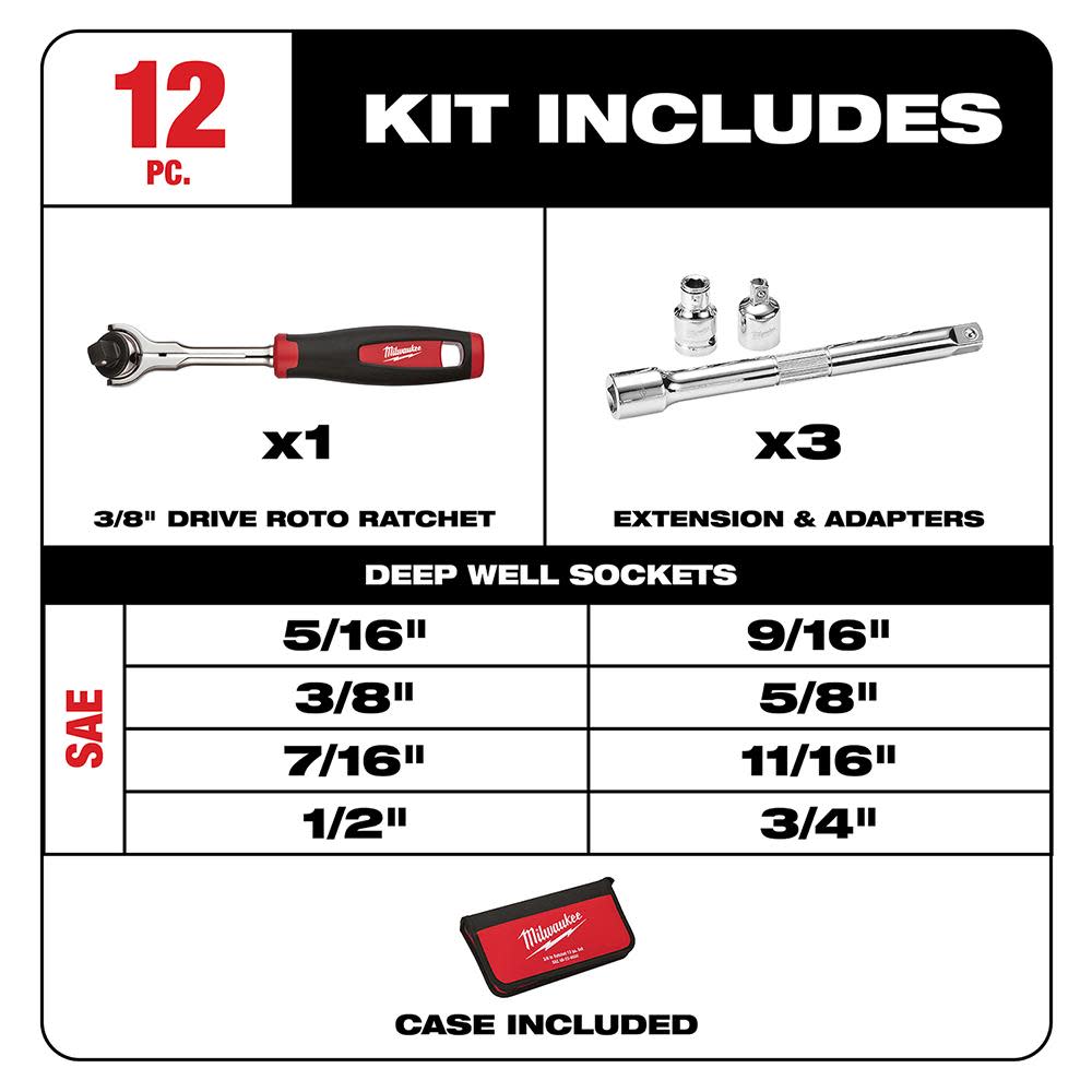 Milwaukee 12-Piece 3/8 in. Drive SAE Socket Set - Flockneti