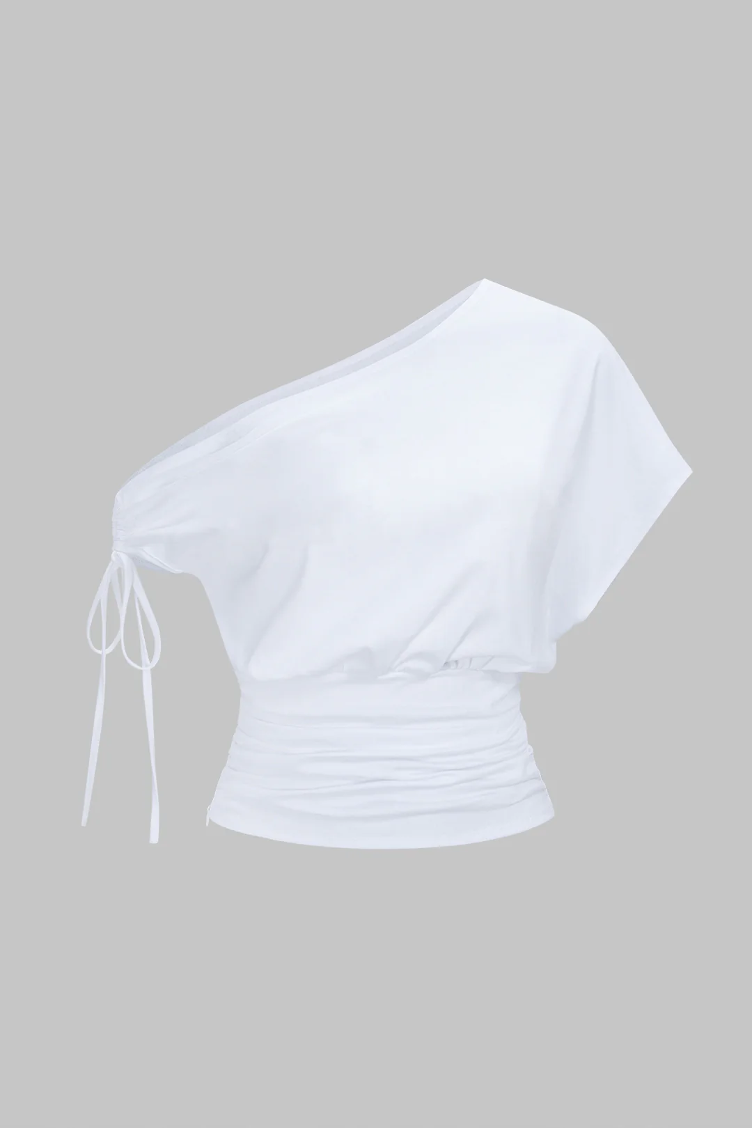 Tie-Up Asymmetrical One Shoulder Ruched Short Sleeve T-Shirt - Flockneti