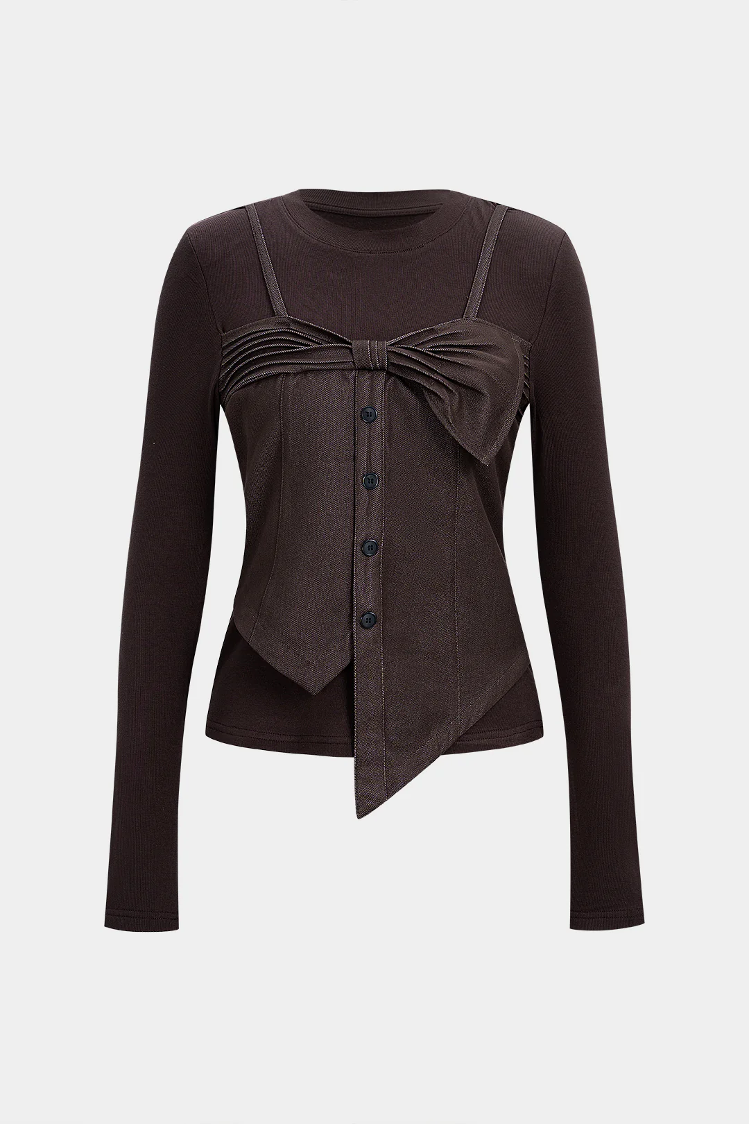 Round Neck Button Asymmetrical Long-Sleeve Top - Flockneti