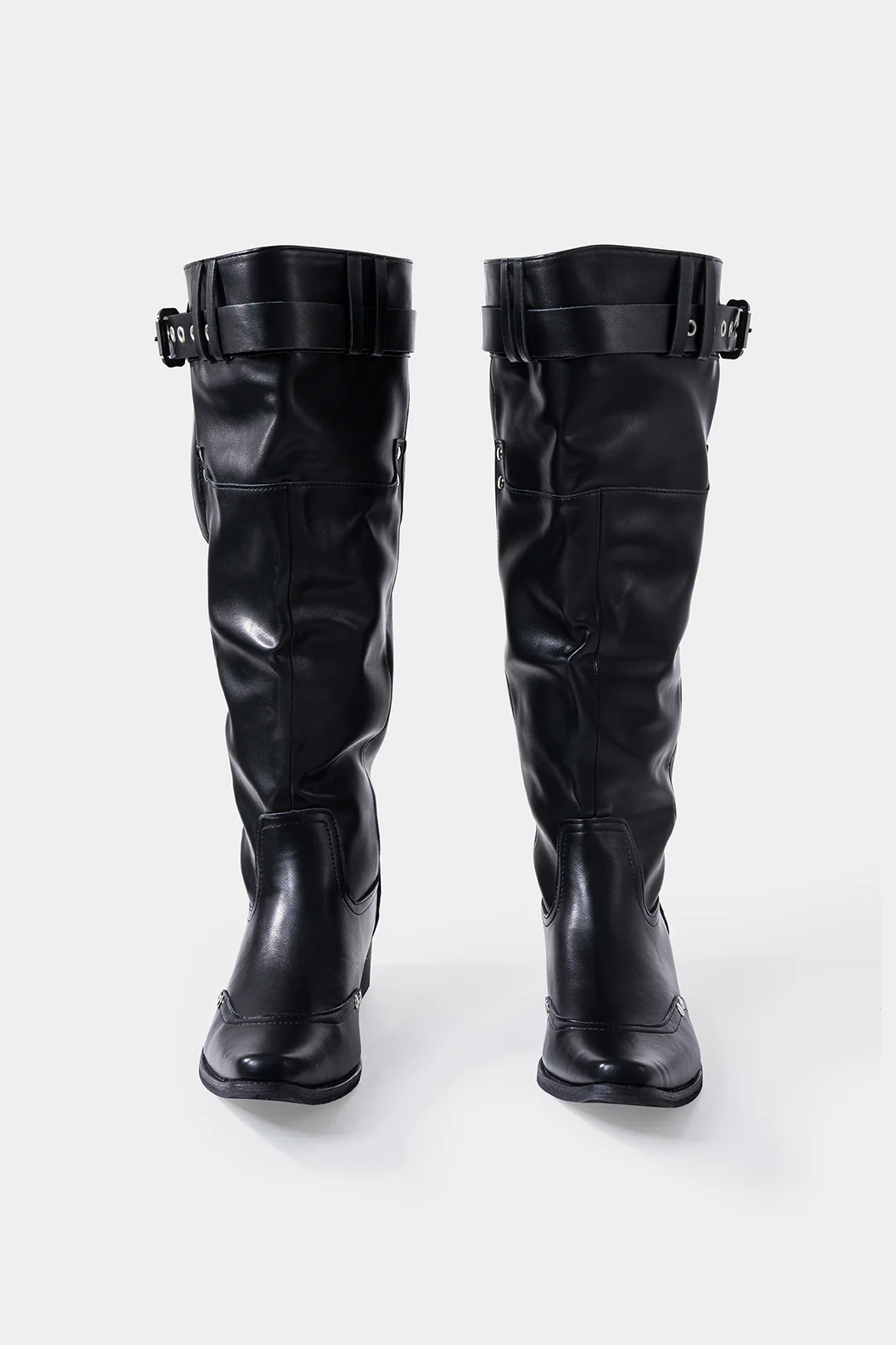 Leather Ruched Buckle Knee High Boots - Flockneti
