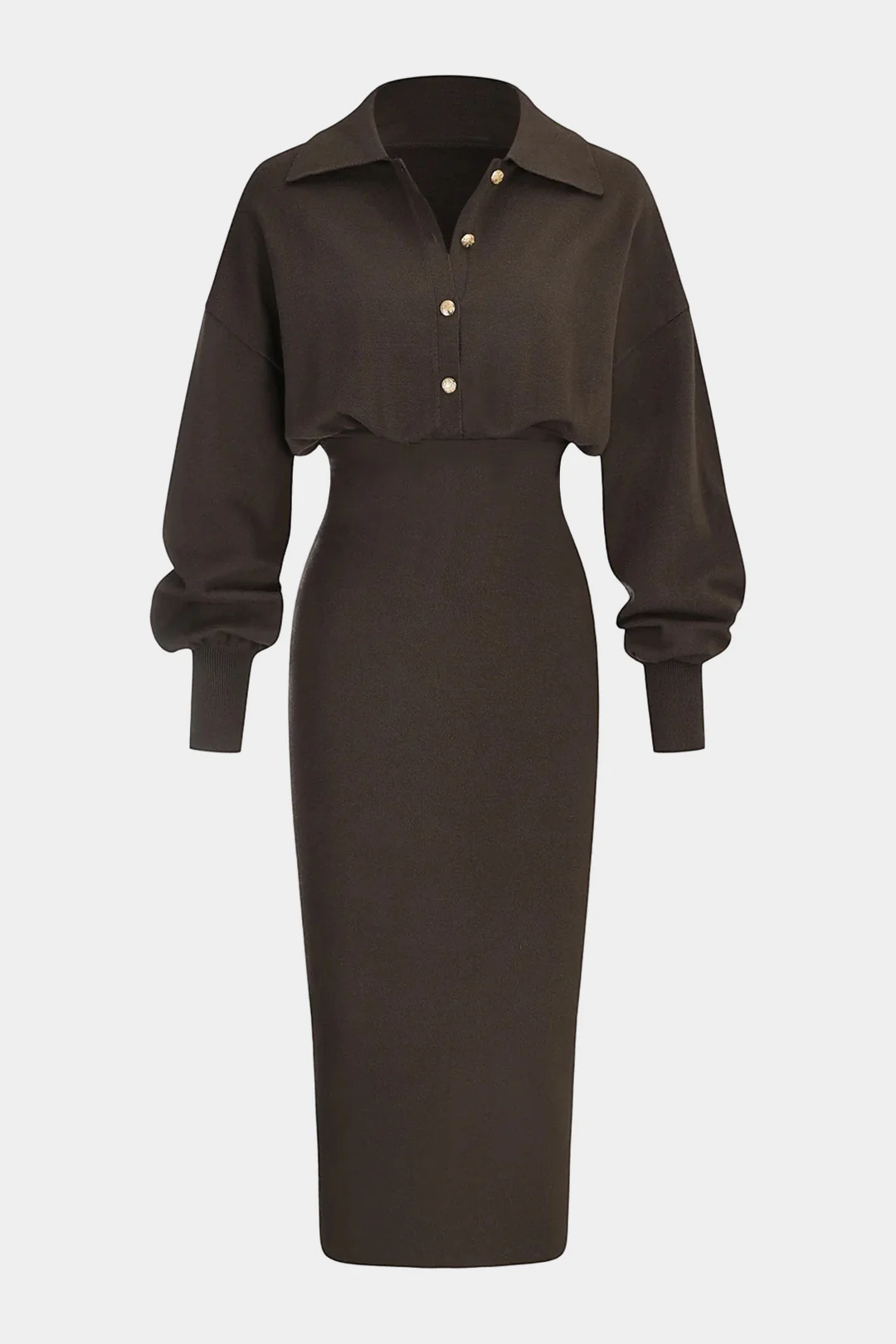 Knit Solid Button Long Sleeve Midi Dress - Flockneti