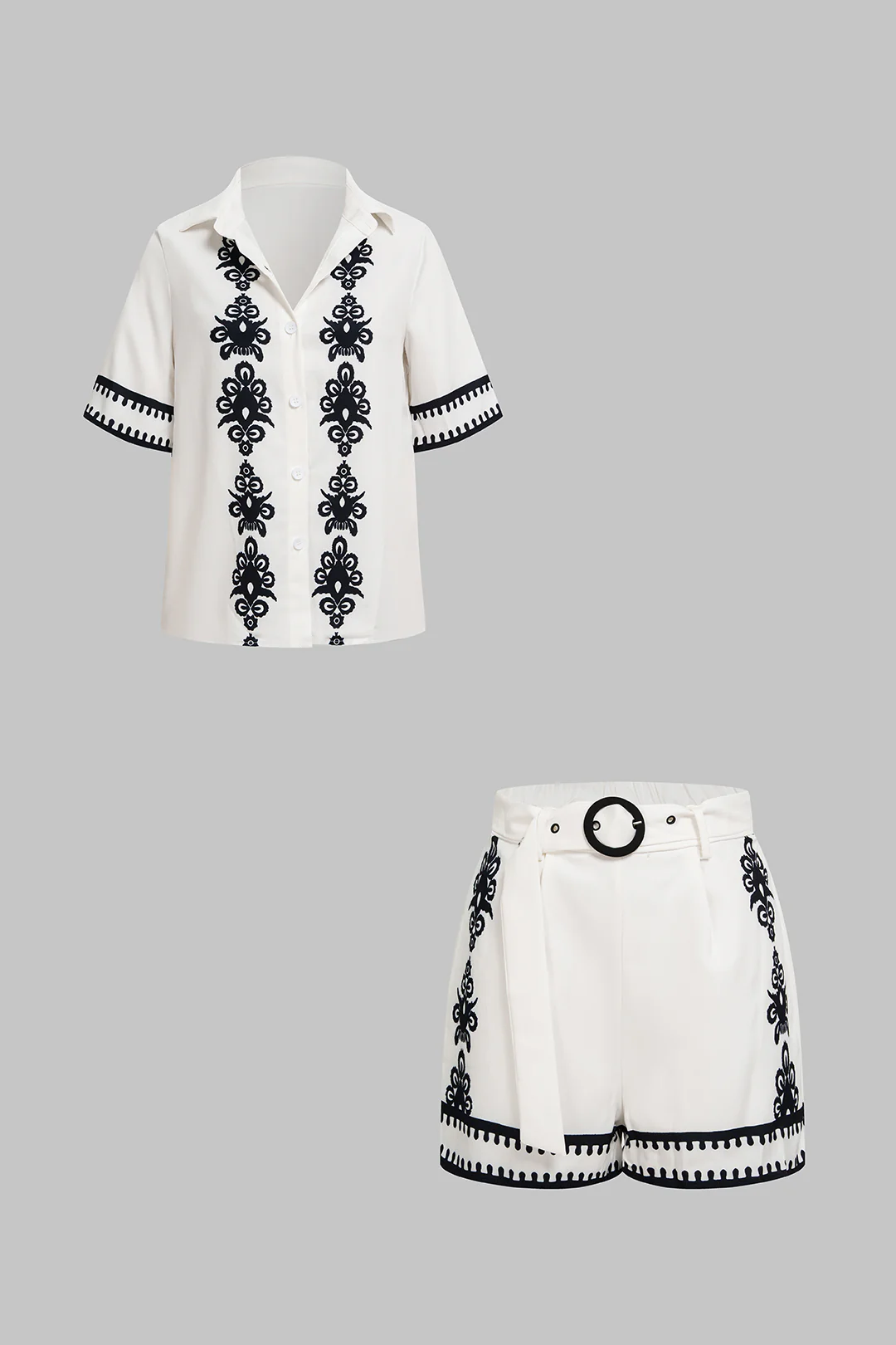 Contrast Print Button Short Sleeve Shirt And Belted Shorts Set - Flockneti