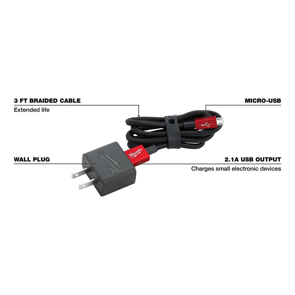 Milwaukee 3ft Micro-USB Cable and 2.1A Wall Charger - Flockneti
