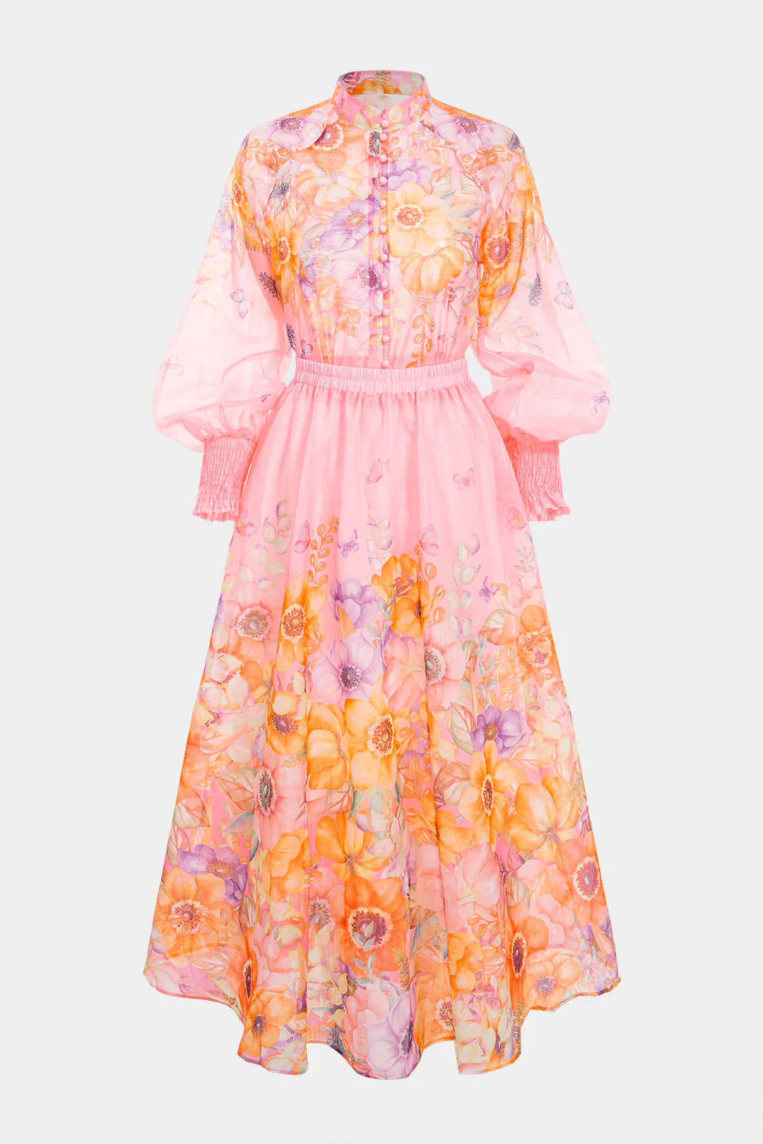 Floral Print Stand Collar Lantern Long Sleeve Shirt And Ruched High Waist Skirt Set - Flockneti