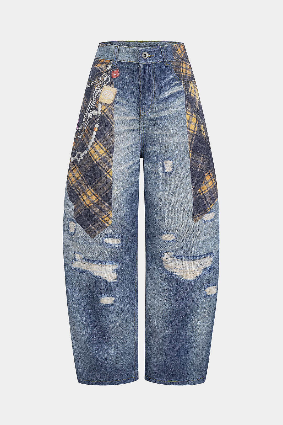 Plaid Denim Print High Waist Wide Leg Pants - Flockneti