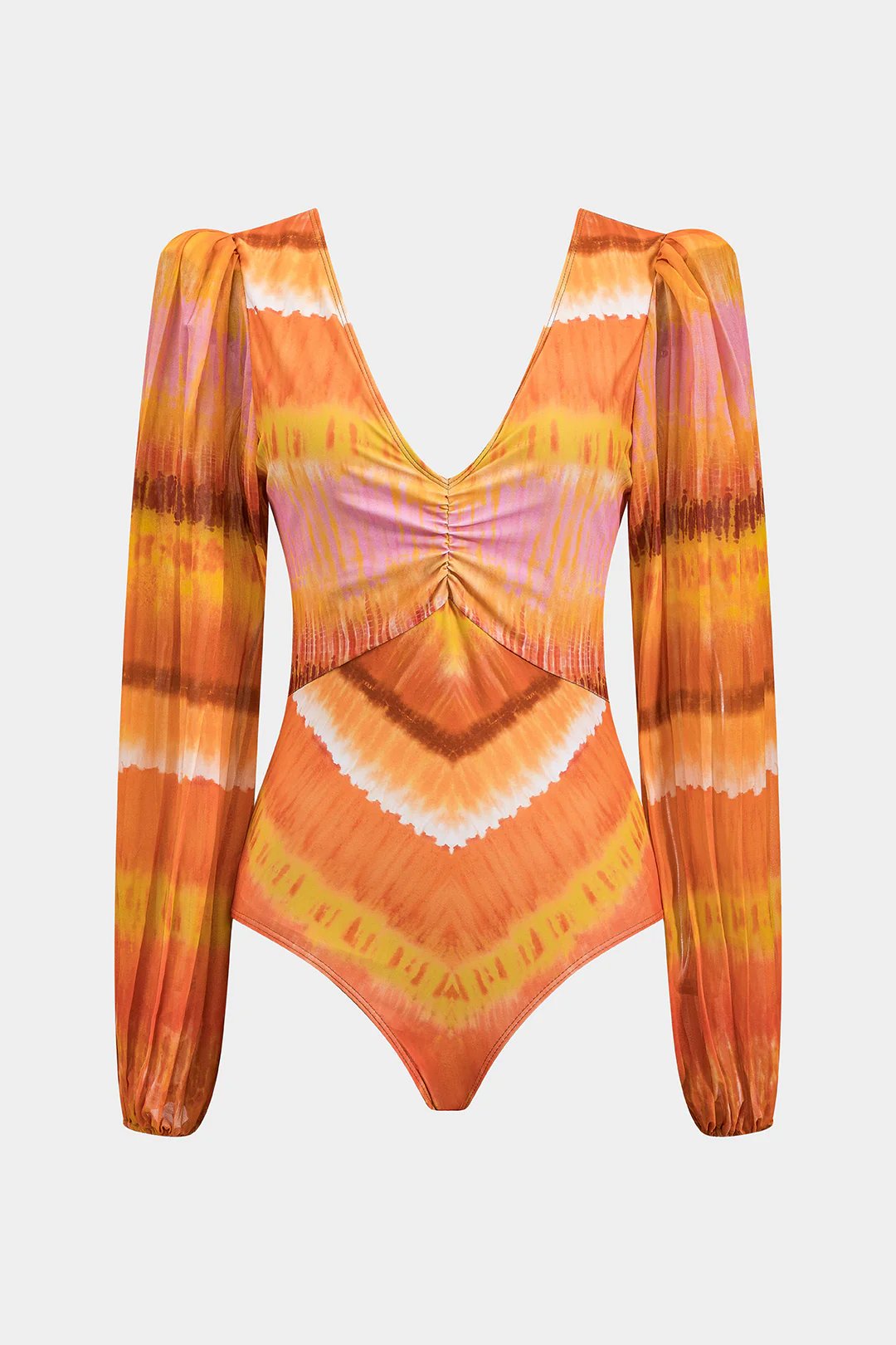 Ombre Print Chiffon Ruched Backless V-Neck One-Piece Swimsuit - Flockneti