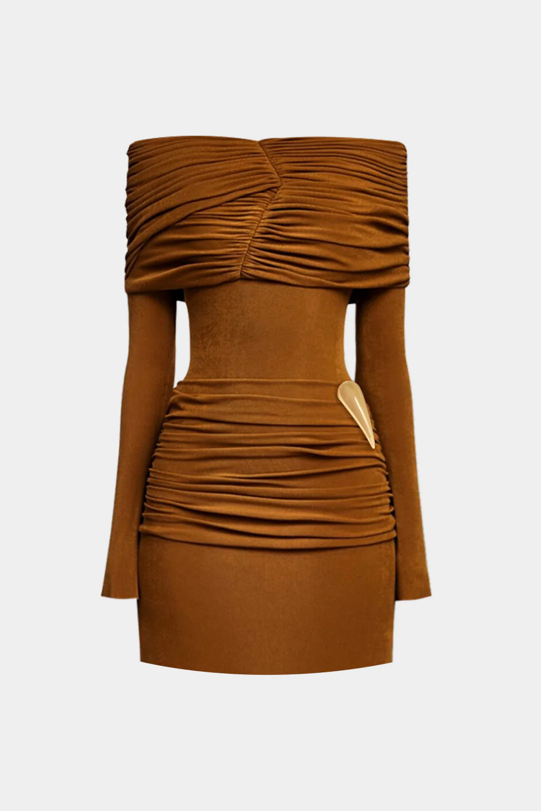 Off Shoulder Metallic Decor Ruched Long Sleeve Mini Dress - Flockneti