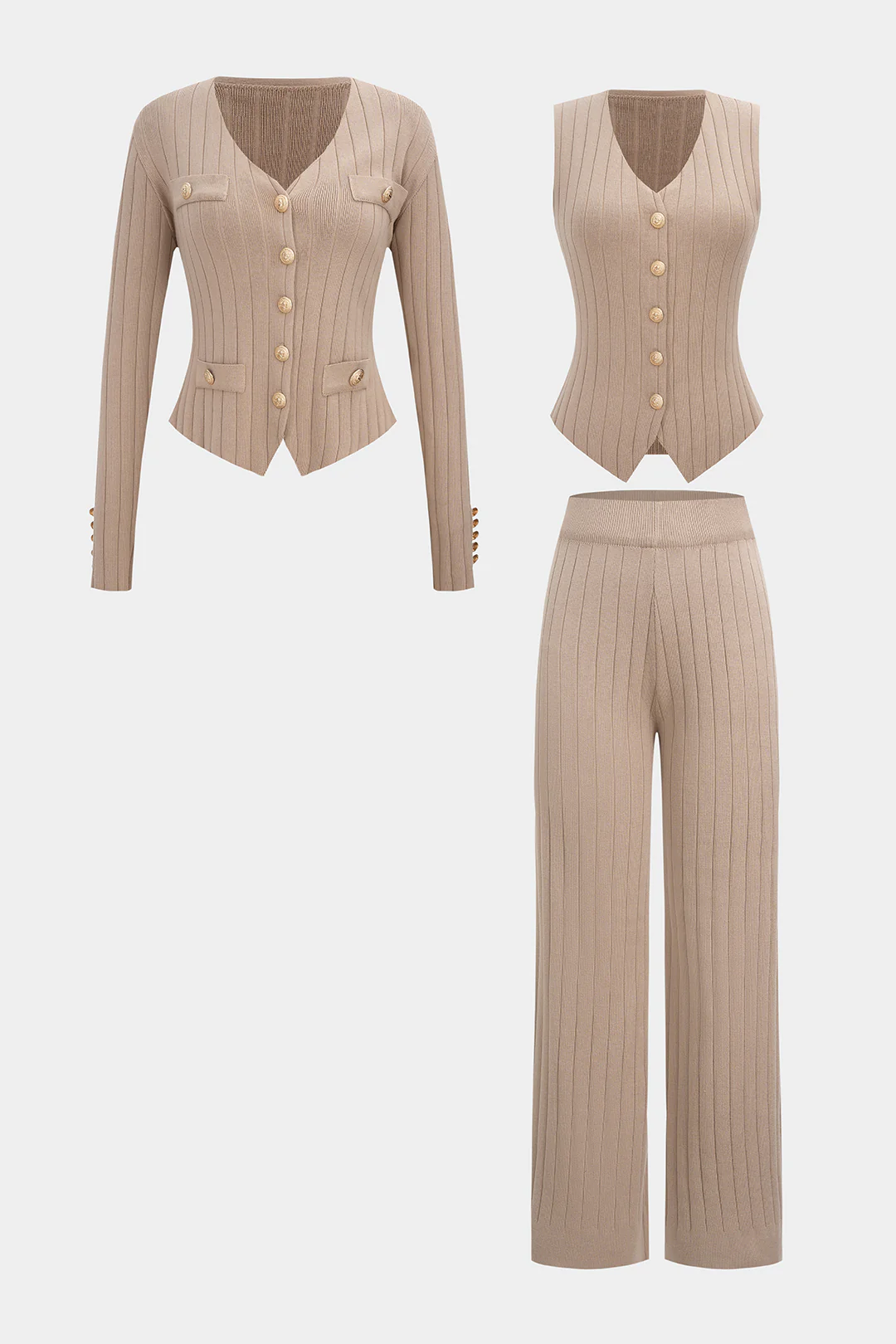 Knit V-Neck Metallic Button Long Sleeve Top And Vest And Wide Leg Pants Set - Flockneti