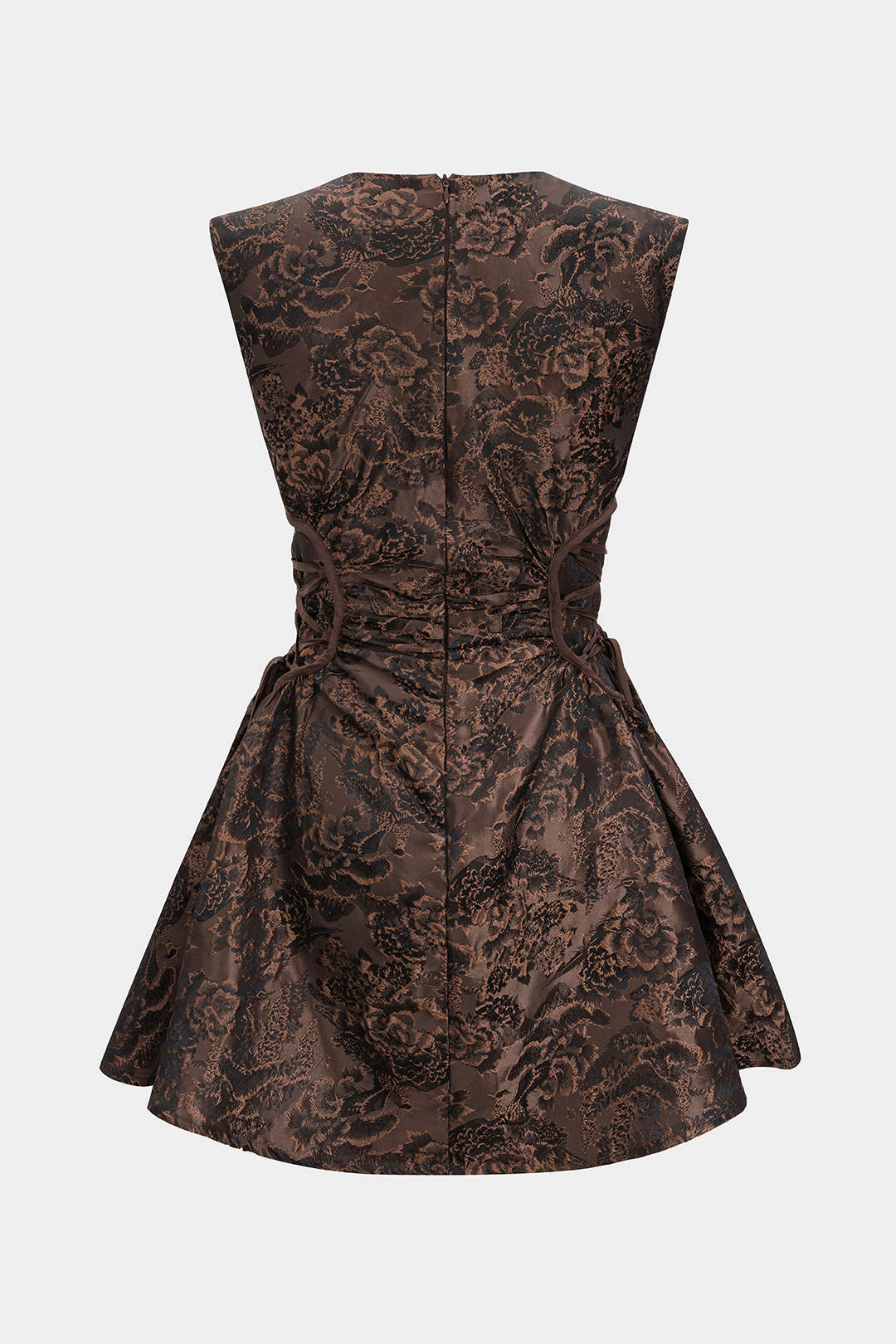 Jacquard Ruched Drawstring V-Neck Zipper Sleeveless Mini Dress - Flockneti