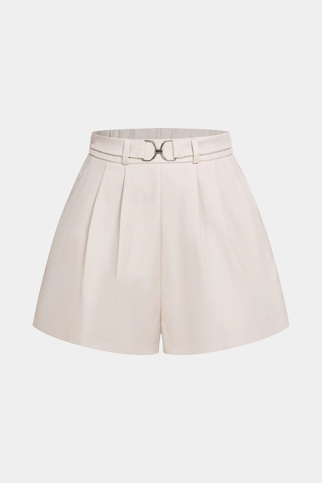 Solid Pleated Buckle High Waist Shorts - Flockneti
